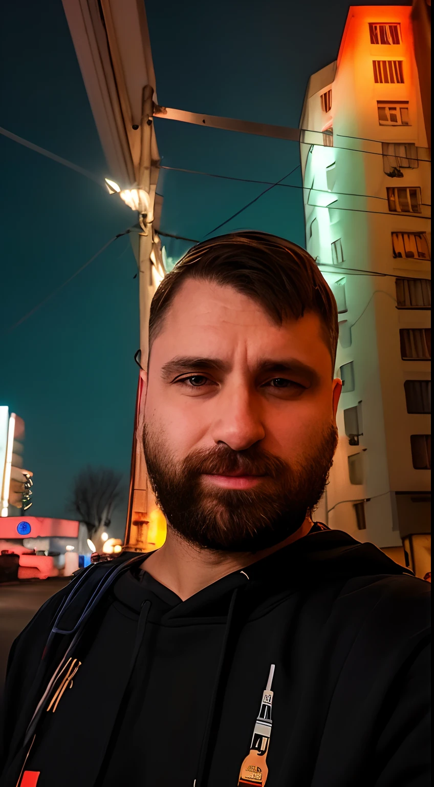 Man with beard and black hooded sweatshirt, slight smile, Around the Night City of the Future, lots of lights and neon lights, Male 30 years old, with a small beard, profile picture 1024px, Style Futurism, retina