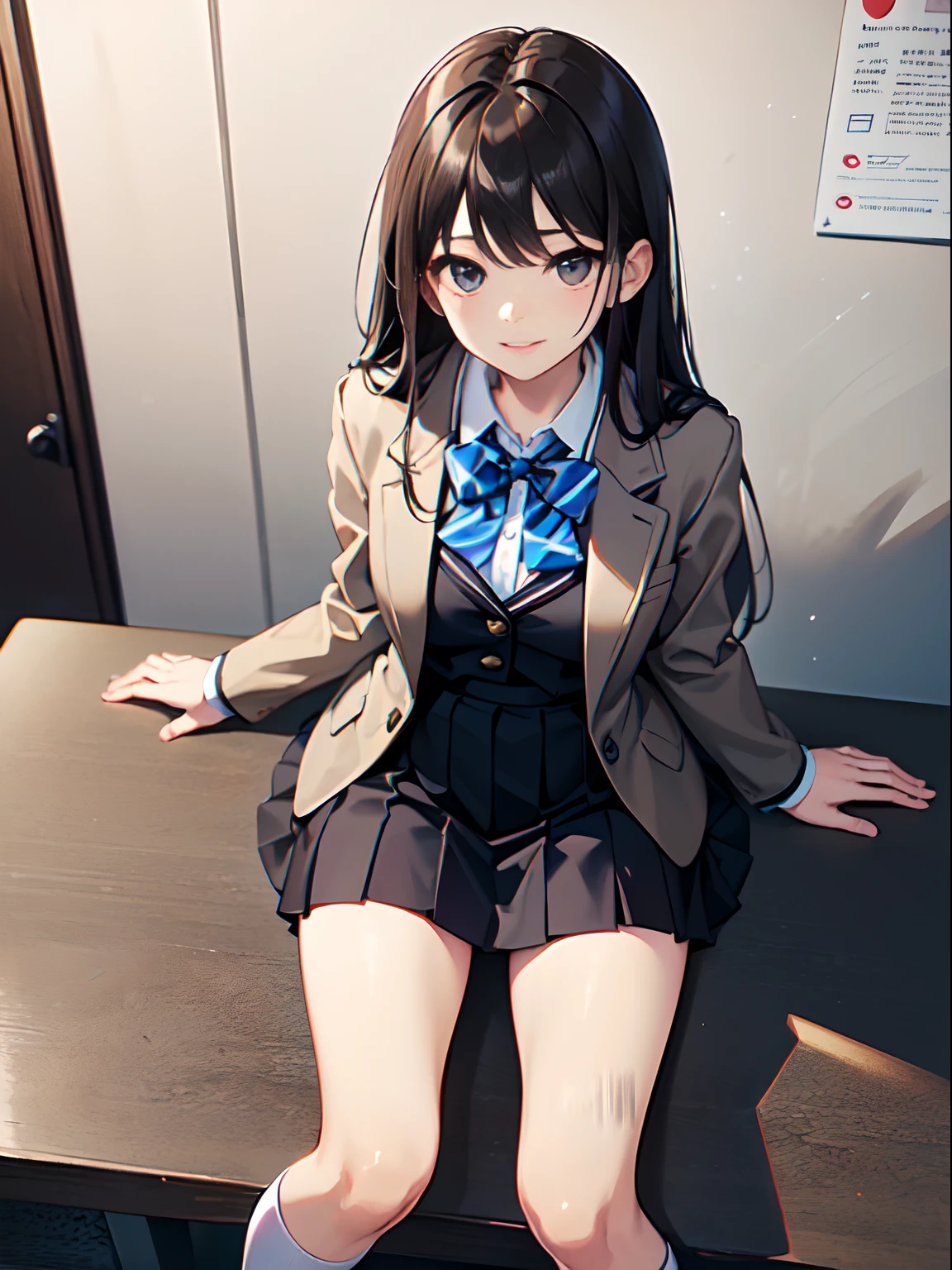 smile,Open your mouth,
embarrassed, legs apart, Straddling a desk, High school classroom,Schoolyard seen from the window,machine,Chair,
((best quality)), ((masterpiece)), (detailed), 1girl, sexly, ChinatsuKano, 
Realistic pubic hair,　High amount of pubic hair,　Thick pubic hair,

Light blue blazer,　Light blue skirt,White socks,Brown Loafers,