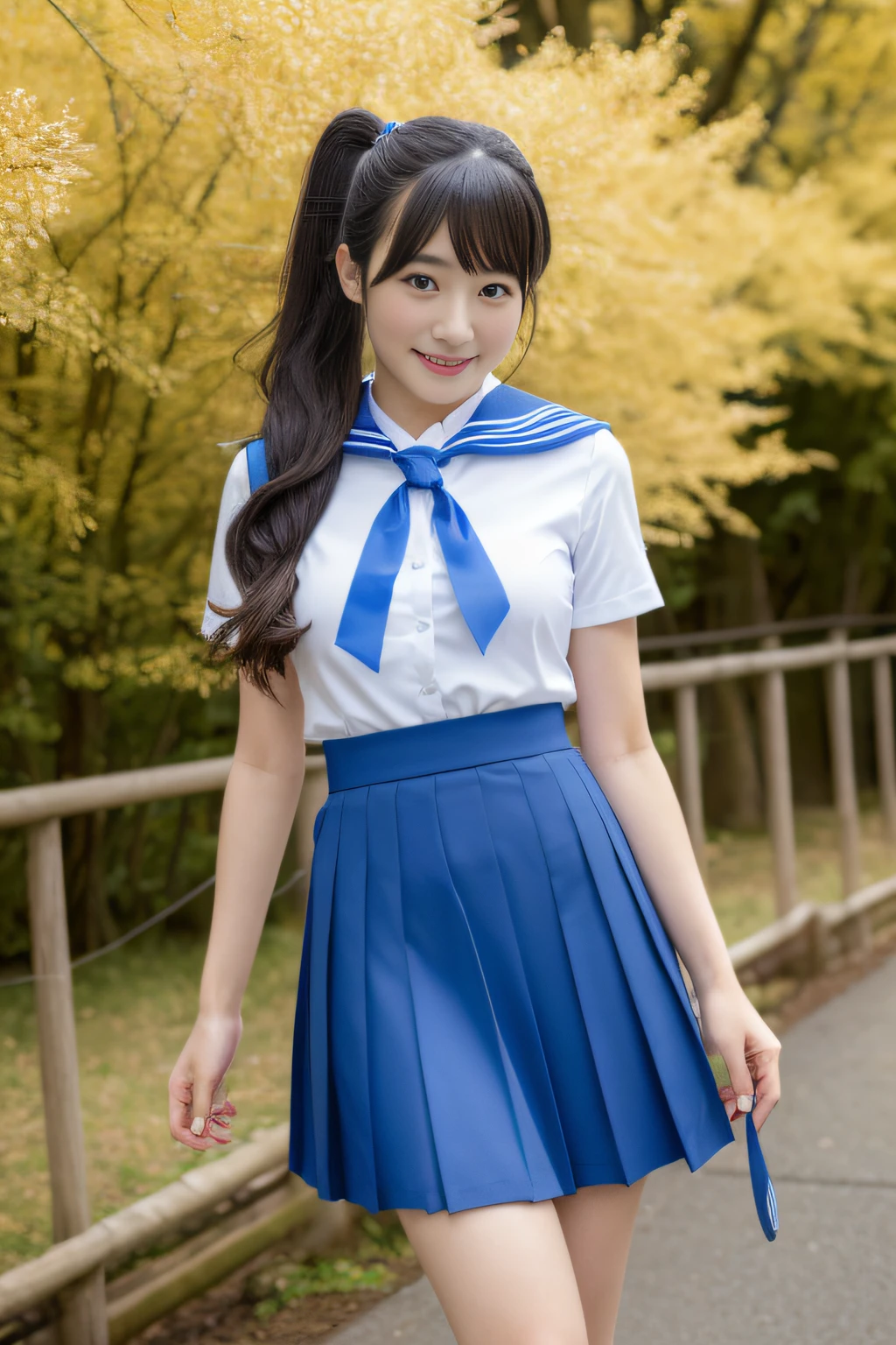 (​masterpiece, top-quality, Hi-Res),(Beautiful Realistic Asians:1.5), A Japanese Lady,Late teens、 1girl in, Idol cuteness:1.5, Beautiful face:1.5、The long-haired,Wavy Hair、poneyTail、 Girls' High School Uniform, 独奏, Blue sailor color, Sailor collar, serafuku, a blue skirt, skirt by the, shortsleeves, Red ribbons,Beautiful Large Breasts, cowboy  shot,Pure white panties、springtime、koi、