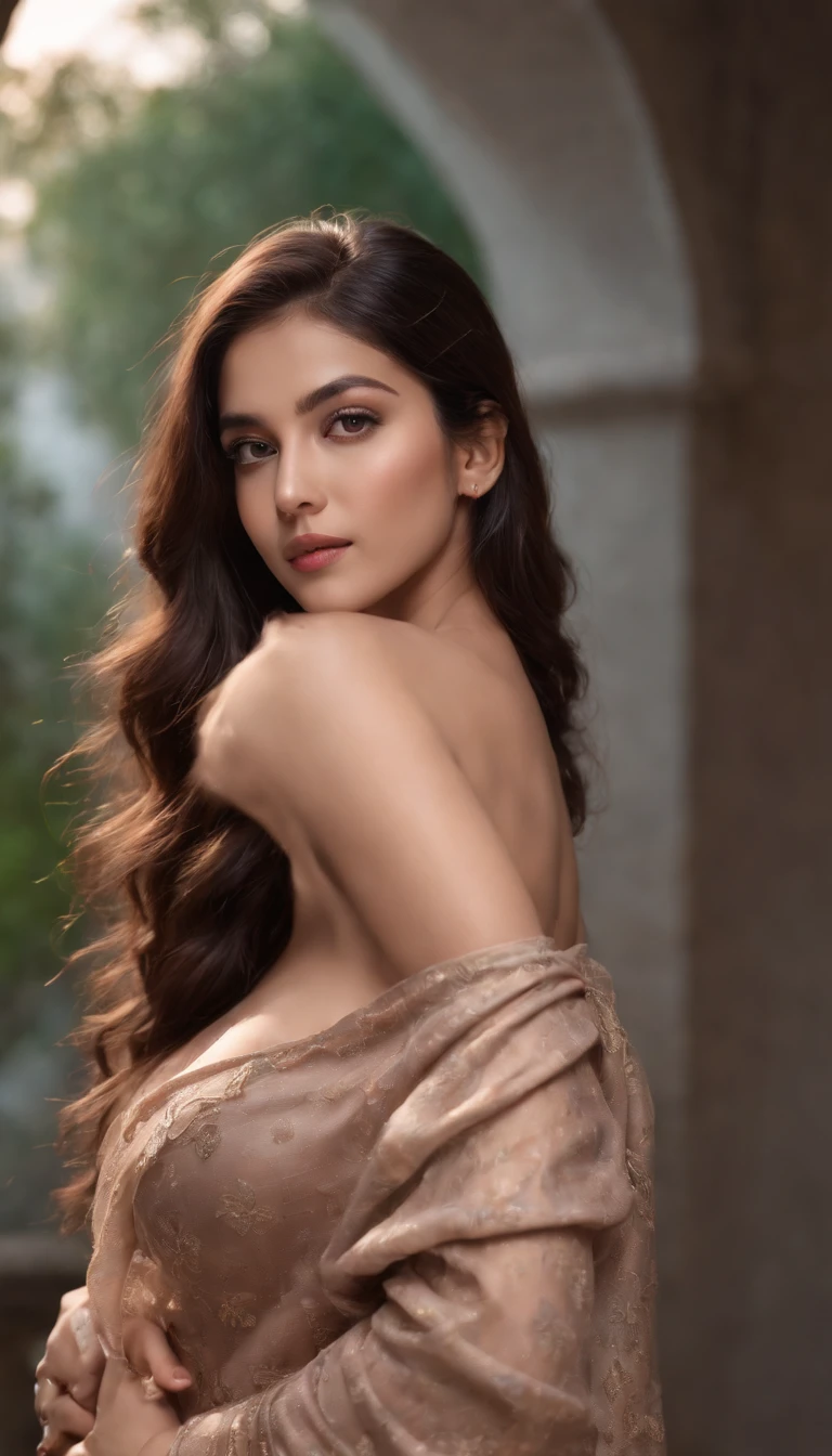 walking in a moonlit courtyard, exotic girl, beautiful indian, Half Open Blouse, Showing Her Breast With Nipple, (indian babe:1.1), looking at the viewer, shining skin, perfect lighting, the embodiment of grace and elegance, , nsfw, (Big Tits:1.3), clear curvy details, beautiful curves, detailed eyes, detailed pupil, Ultra Detailed, unity 8k wallpaper, ultra detailed, aesthetic, masterpiece, best quality, photorealistic