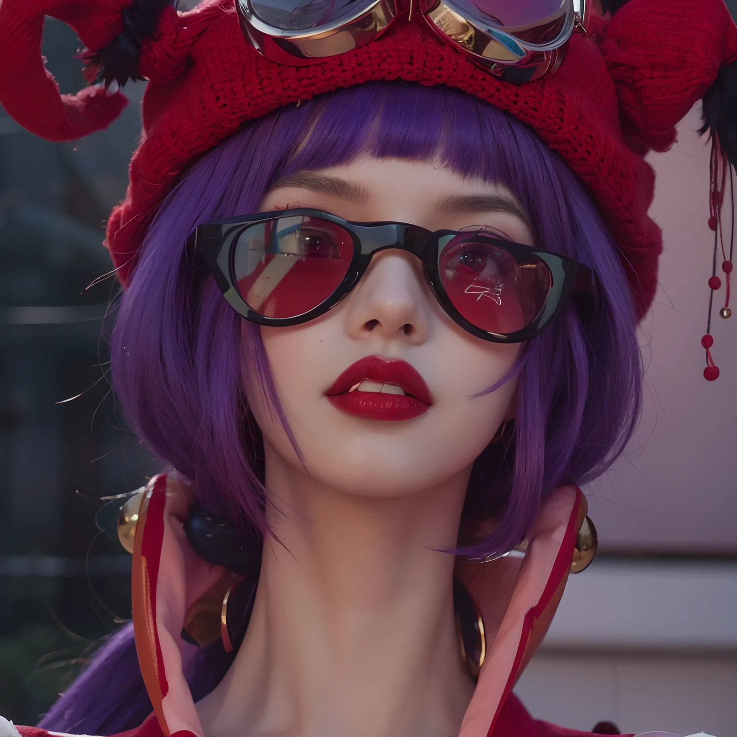 beautiful girl with red lens glasses, purple hair, red lips, cigarette on her lips, wearing a clown hat