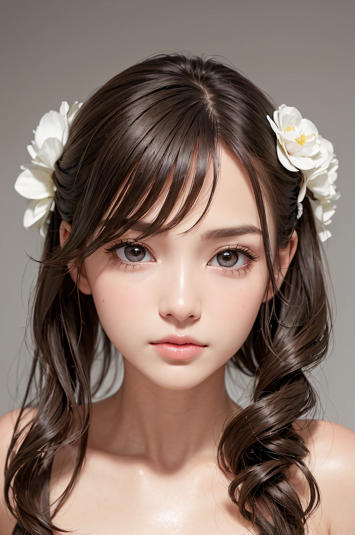 (masutepiece:1.3), High resolution, ultra-detailliert, the Extremely Detailed CG Unity 8K Wallpapers, Realistic, Photorealsitic, Raw photo, beautifull detailed face, pale skin, realistic glistening skin, Detailed Cloth Texture, detailed hair texture, Perfect body, Beautiful face, acurate, Anatomically correct, Highly detailed face and skin texture, Natural neck length, (Fair skin:1.2), thin legs, Thin feet, (Aligned teeth:1.1), Sweaty skin, BREAK, Detailed eyes, symmetrical eye, Light brown eyes, Double eyelids, Thin eyebrows, (Sleepy eyes:1.1), (Glossy lips:1.4), (Mouth waiting for a kiss:1.2), (blush:1.2), (Small hair accessories that sparkle:1.1), BREAK, (classy girl:1.3), (Wearing (doress:1.2) With a white floral pattern), BREAK, ((Close Up Shot:1.2)), medium breasts, Slender figure, Firm abs, ((up do hairstyle, Dark blonde hair, Wavy Hair, Long hair:1.1)), ((asymmetric bangs:1.2)),