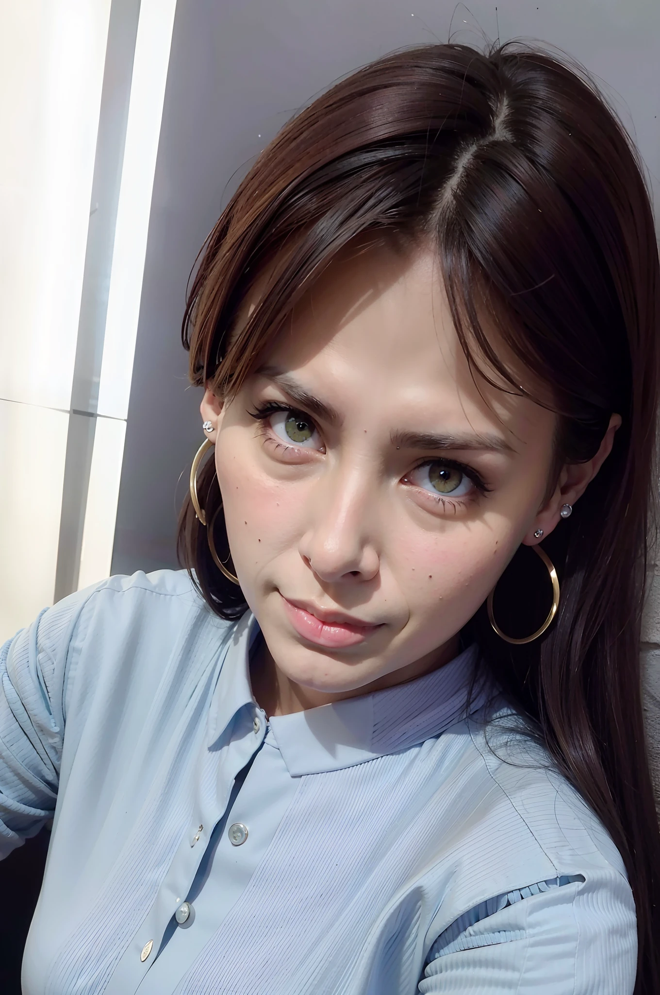 Hay una mujer con camisa azul y aretes de aro dorados, brown hair and large eyes, chica linda-fina-cara, short brown hair and large eyes, Grandes ojos redondos lindos, Cara hermosa y afilada, rostro hermoso femenino, Lindo - fino - cara, linda-fina-cara, Cindy Avelino, con ojos grandes, Cara perfecta ), Cara joven y linda