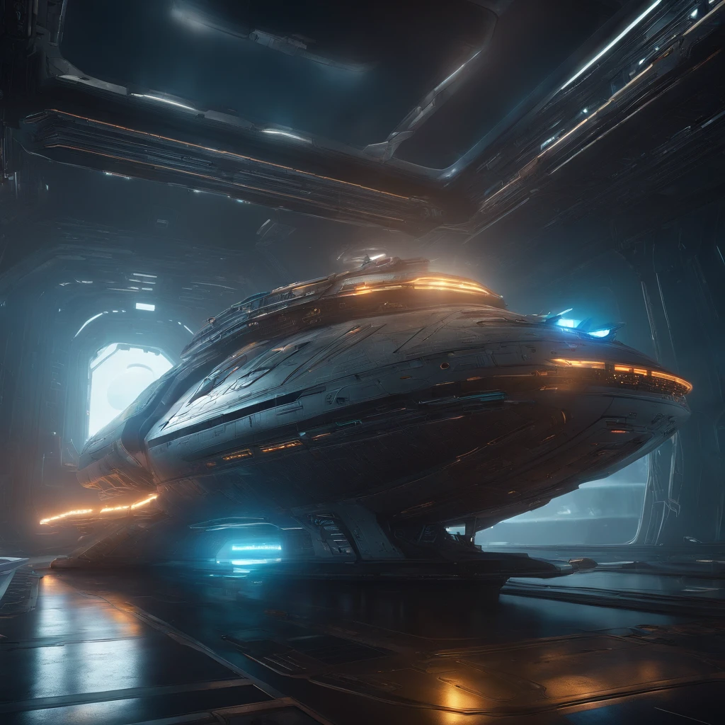 A huge spaceship in a cyberpunk style, with a starry sky backdrop. There is a terrifying creature on the ship. In the right upper corner, there is a black hole. The image has the best quality, with 4k or 8k resolution, high-res, and can be considered a masterpiece. The details in the image are ultra-detailed and realistic, with photorealistic rendering. The art style is futuristic and sci-fi. The color tone is vibrant and vivid. The lighting creates a dramatic and dynamic effect, emphasizing the spaceship and the creature.