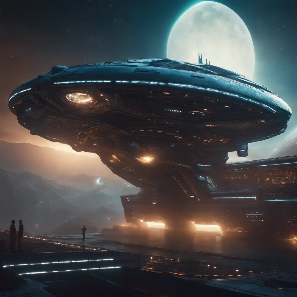 A huge spaceship in a cyberpunk style, with a starry sky backdrop. There is a terrifying creature on the ship. In the right upper corner, there is a black hole. The image has the best quality, with 4k or 8k resolution, high-res, and can be considered a masterpiece. The details in the image are ultra-detailed and realistic, with photorealistic rendering. The art style is futuristic and sci-fi. The color tone is vibrant and vivid. The lighting creates a dramatic and dynamic effect, emphasizing the spaceship and the creature.