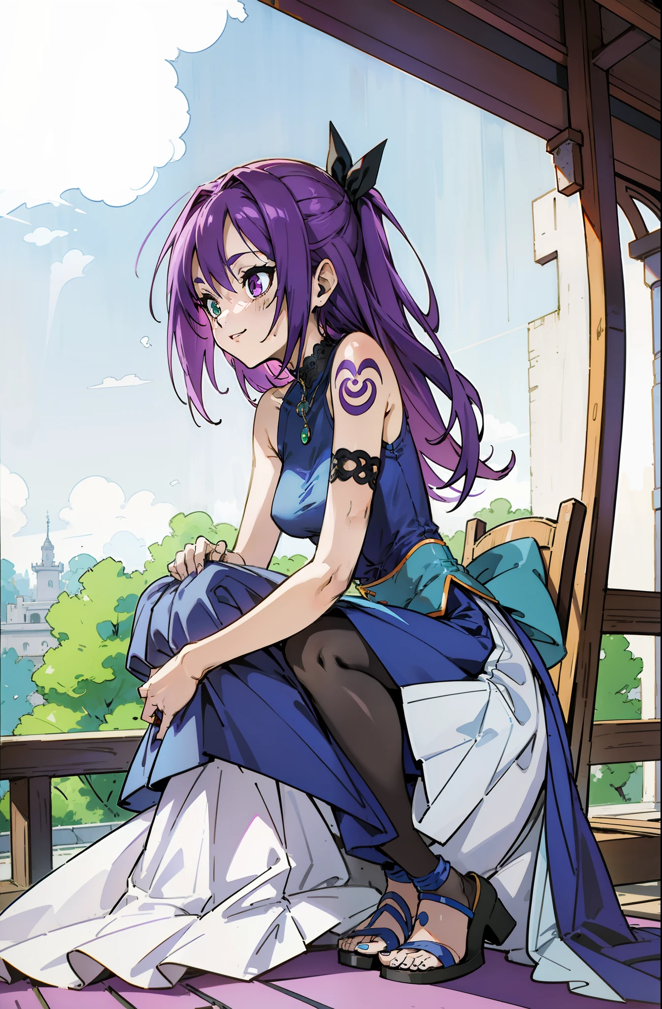 Colorful, Up-close, purple color  hair, Ultra-realistic hair quality, Vibrant colors, Young Girl, 14years old girl, Beautiful long hair, Shiny hair, detailed hairs, Hair Ribbon, Single-sided up, Reo Mikage, Blue Lock, no sleeves, Sleeveless, Open shoulders, Cinderella, Camisole and cheongsam, Cinderella in panniers and cheongsam, Cinderella Dresses and Cheongsam Dresses, Lace dress, long-one-piece dress, White stockings, Chest exposure, Lace underwear, Metamorphosis is exposed, Choker, Black Choker, complete fingers, Five Fingers, Two arms, Two hands, Two legs, Perfect legs, The tattoo, body tattoo, arm tattoos, Blue Rose Tattoo, Tattoo on the wrist, Relative area, Sexy breasts, Big breasts, red blush, 1girl in, Solo, Sharp face, Heterochromia, Green eyes, Purple eyes, Bare neck, Happy face, lightsmile, Skirt in dress, Panniers in dresses, Sitting on the premises, Scenery of Shanghai, Castles, crouching down, Bare legged, Sandals, masutepiece, Ultra-detailed, Hyper-detailing, Best Quality