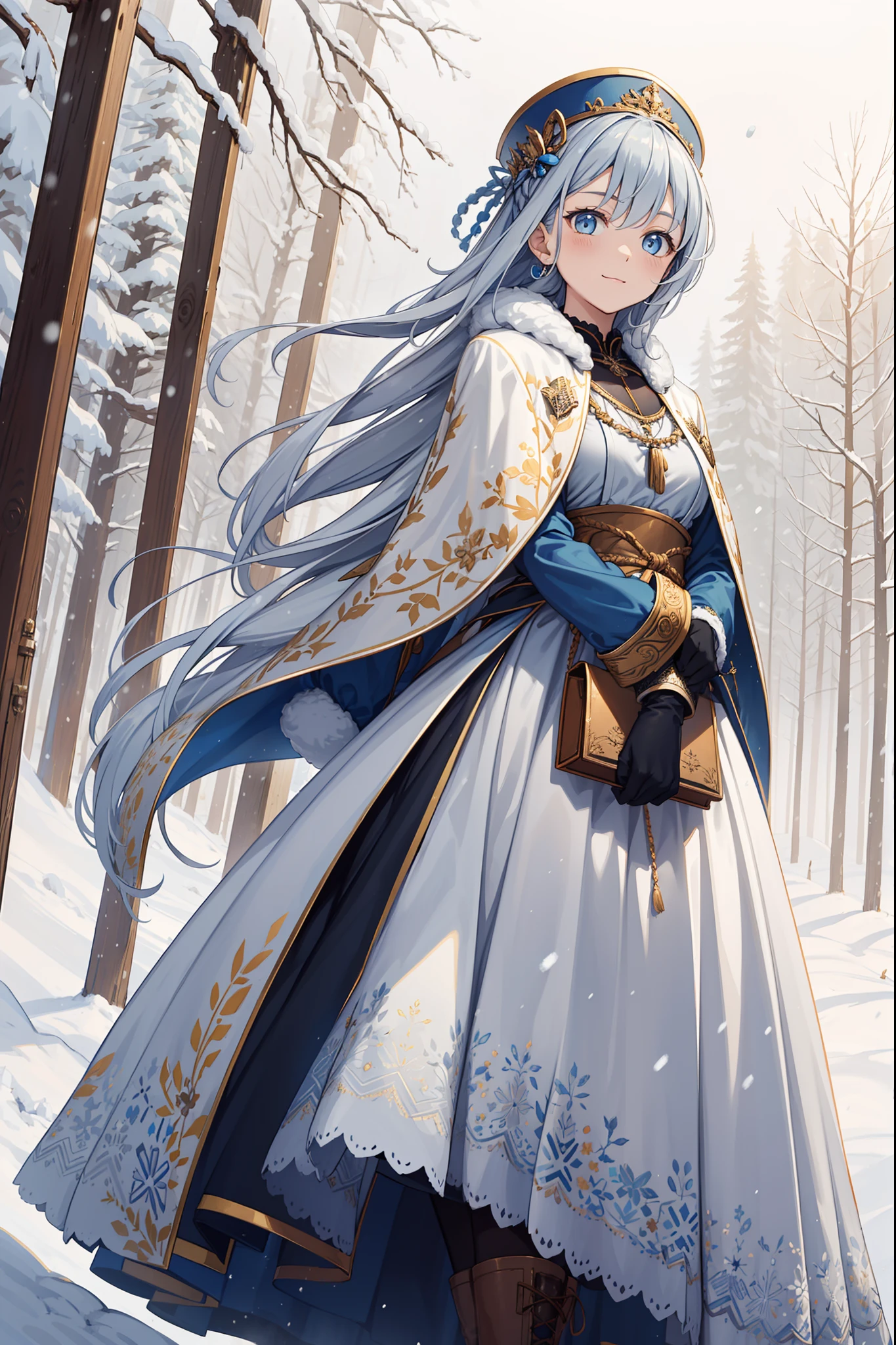 saints，divino，having fun，gentleness，(Military coat:1.1)，Long boots，Long gloves，(Cotton coat)，(Winter hat:1.3)，(Lots of plush:1.1)，down jacket，(Silvery hair:1.1)，eBlue eyes，(Many ornaments made of ice:1.1)，Light gray edges，Light yellow pattern，Sacred motifs，Maximalism，Ruffles，Lace，Delicate embroidery，Delicate pattern，(exquisite costumes)，The background is the cold earth，solo person，Beautiful detailed face，(Wind and snow hit:1.1)，Enchanted