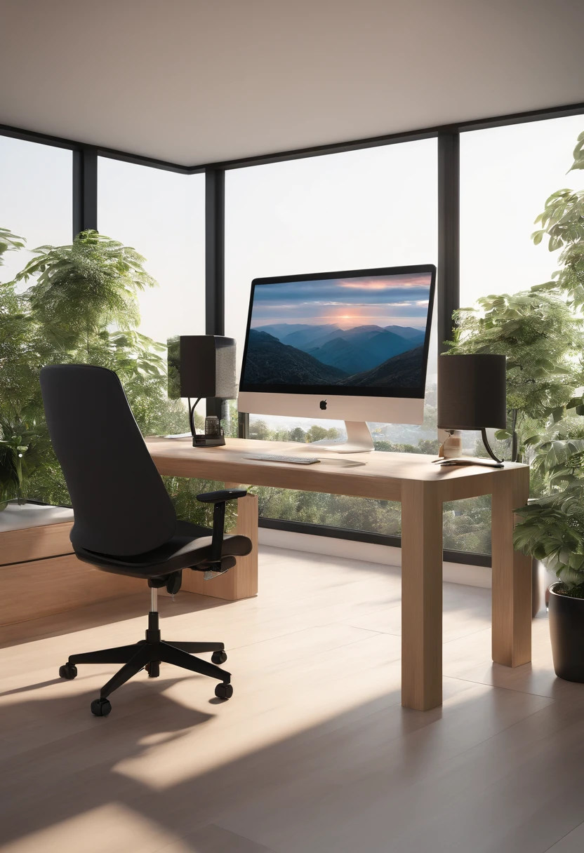 Ultra-realistic render of an office room measuring 348x384 cm. Centered in the room is a modern sit-stand desk with dual monitors, an iMac, and a Windows PC. Beneath the desk is a CPU unit. In front of the desk is a high-end gaming chair. On the desk's top, there's a sleek sound bar for enhanced audio. To the right, a large window allows natural light to flood in. Behind the viewer, a shelf stores tech accessories. The decor is minimalistic with artificial plants and optimal lighting ensuring a comfortable workspace.
consider my room dimension is 348x384 cm now generate images considering room dimension