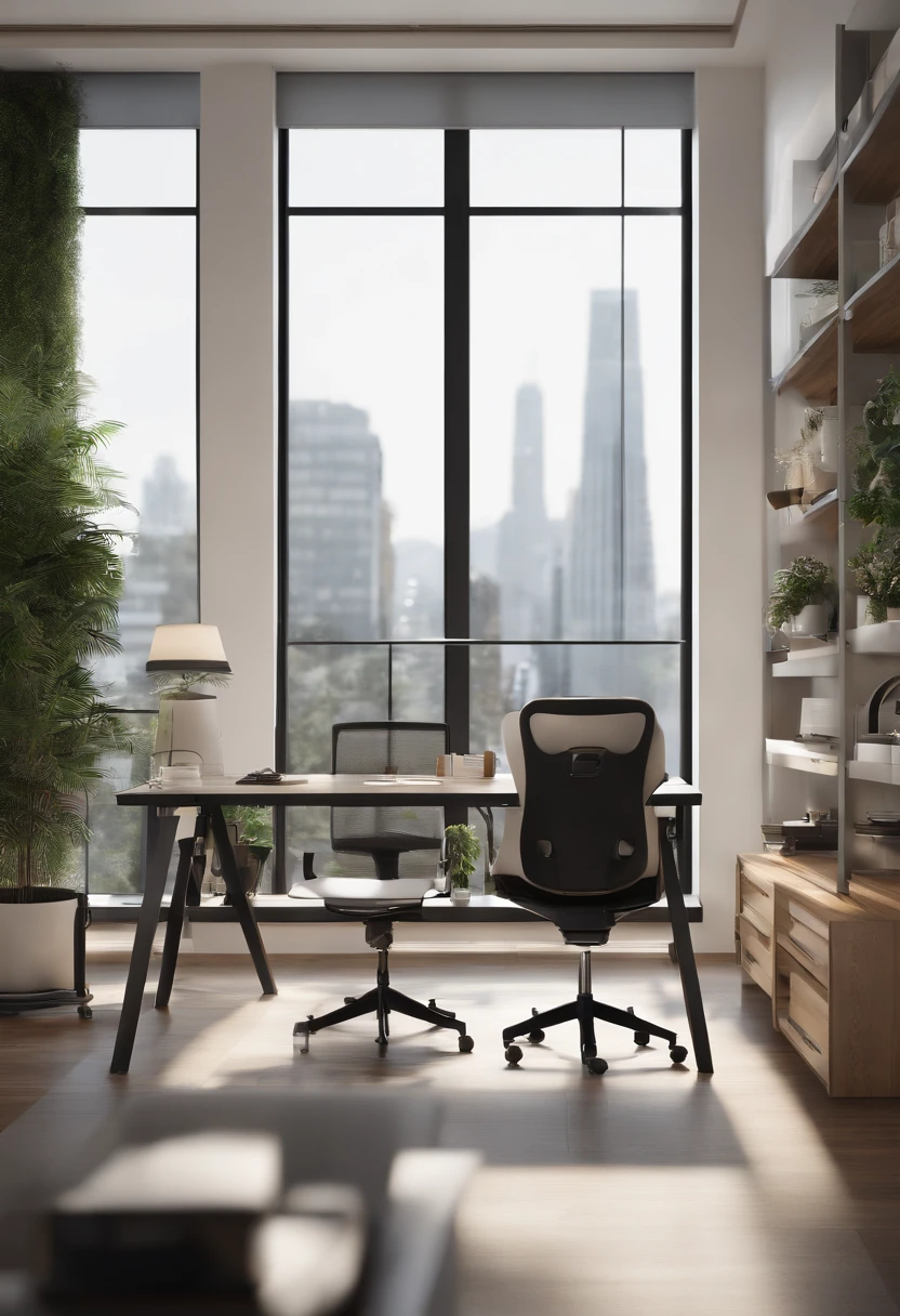 Ultra-realistic render of an office room measuring 348x384 cm. Centered in the room is a modern sit-stand desk with dual monitors, an iMac, and a Windows PC. Beneath the desk is a CPU unit. In front of the desk is a high-end gaming chair. On the desk's top, there's a sleek sound bar for enhanced audio. To the right, a large window allows natural light to flood in. Behind the viewer, a shelf stores tech accessories. The decor is minimalistic with artificial plants and optimal lighting ensuring a comfortable workspace.
consider my room dimension is 348x384 cm now generate images considering room dimension