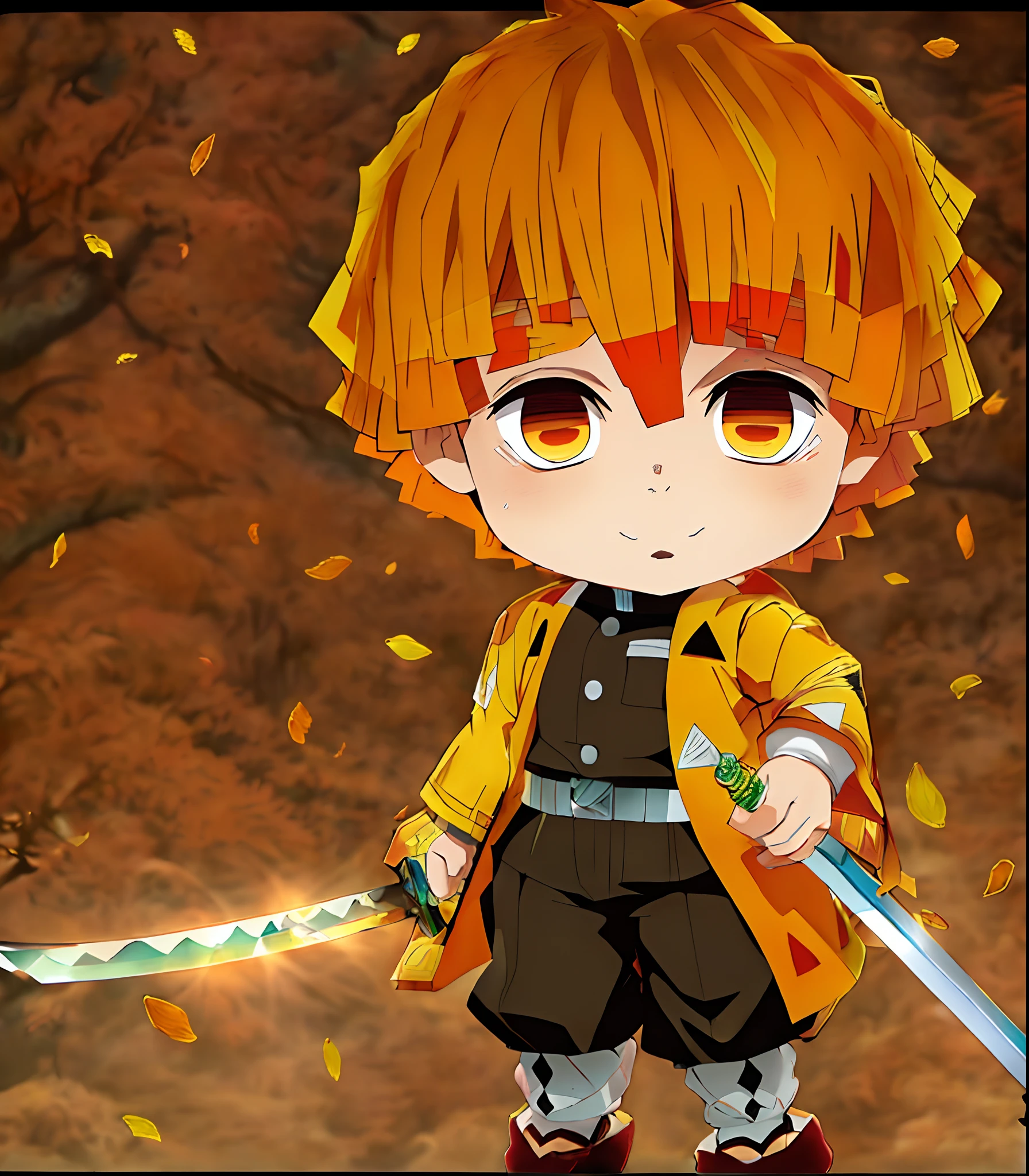 anime character with a sword and a yellow jacket, demon slayer rui fanart, demon slayer artstyle, orange - haired anime boy, high quality fanart, official fanart, ginko showing a new mushi, official art, ichigo kurosaki, chibi anime, anime chibi, detailed fanart, handsome guy in demon slayer art, style as nendoroid, stylized anime