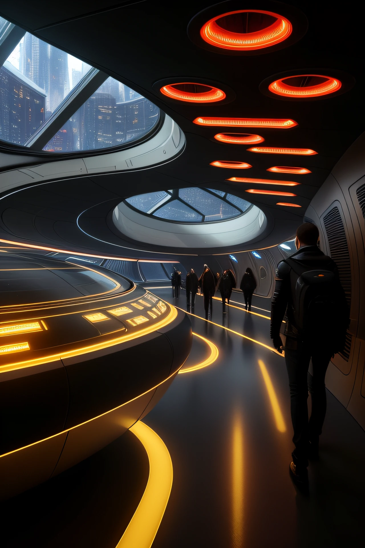 People walk in tunnels with lots of lights on the ceiling, author:Chass is silent, in a futuristic spaceship, futuristic hall, author:Thomas Hefner, futuristic street, in a futuristic city, futuristic vibe, futuristic lighting, interior of an alien spaceship, futuristic marrakech, zaha hadid octane highly render, Very futuristic, Futuristic car, futuristic interior