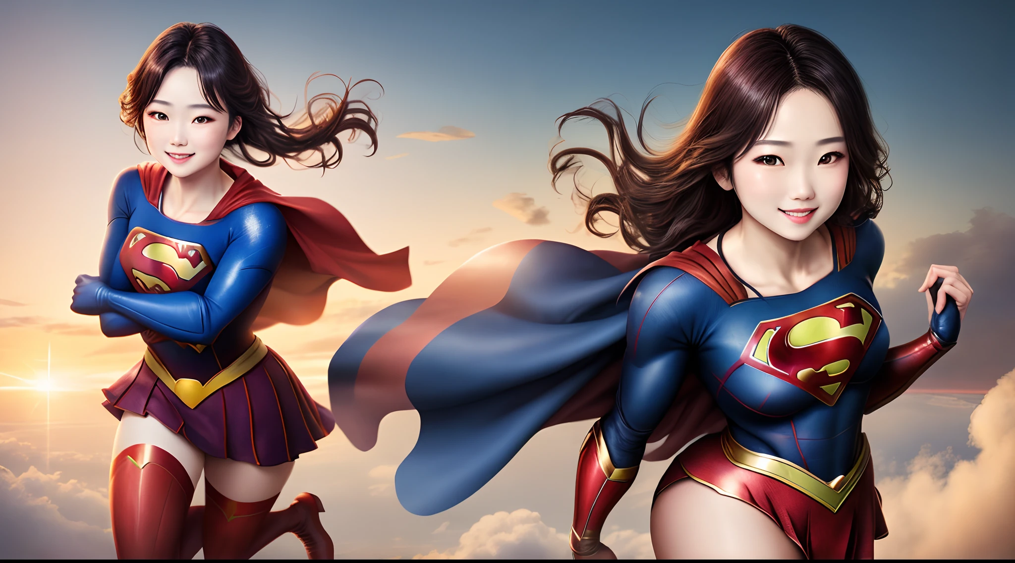 Men's Shot, Japanese actress as Supergirl with a transparent charming smile, rosy cheeks, natural make-up, subtle accent capes with feminine curves, Full Body