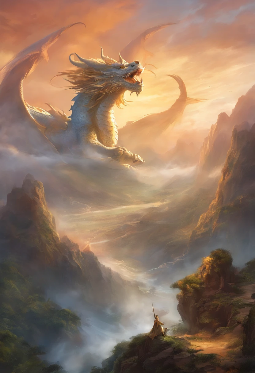 A painting of a Chinese dragon circling between mountains,With dragons as the main background,There are clouds,There are mountains,Flying in the sky(Chinese Dragon:1.5),highly detailed fantasy art,hyperrealistic d & D fantasy art,heroes, Artstation contest winner,--No wings,