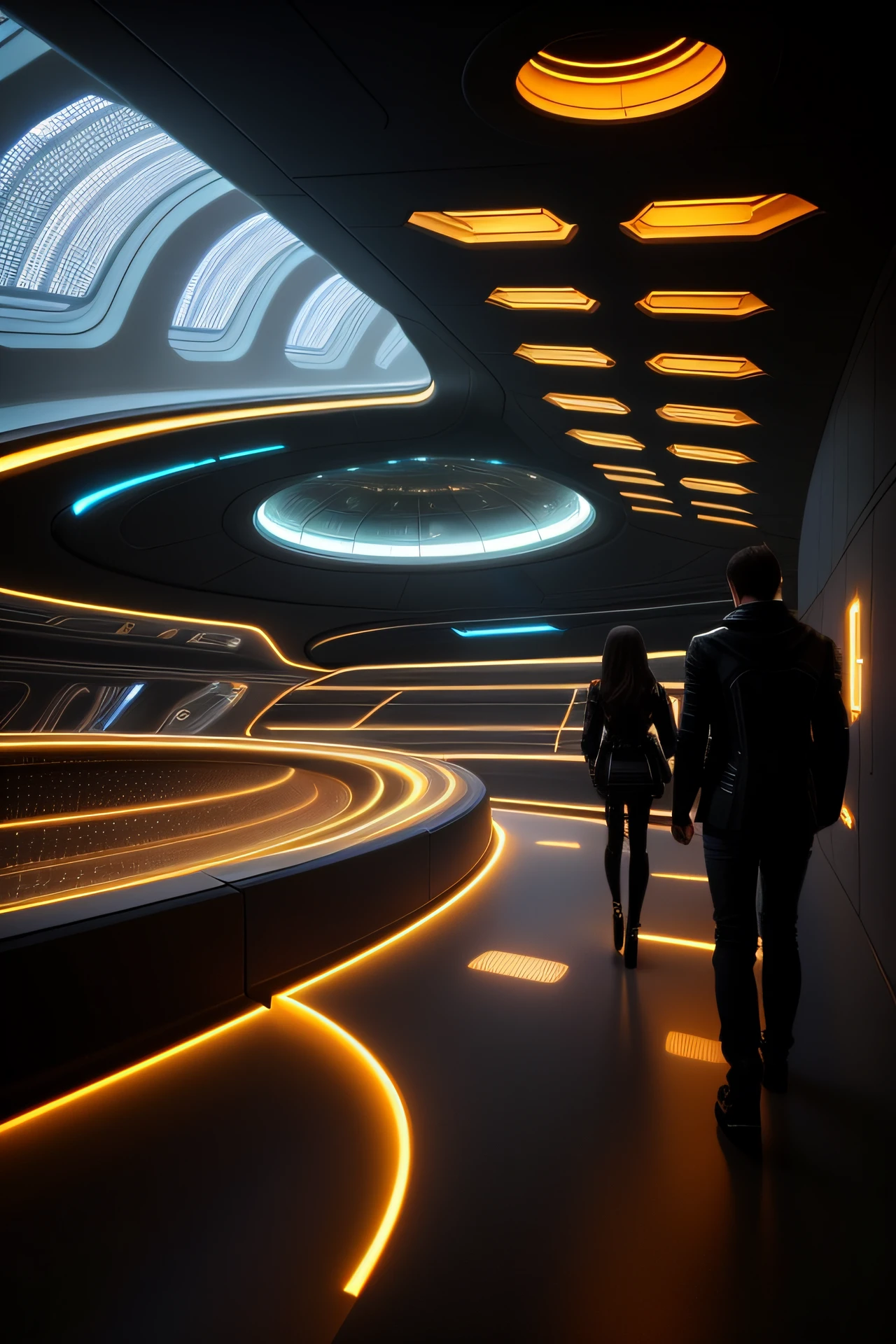People walk in tunnels with lots of lights on the ceiling, author:Chass is silent, in a futuristic spaceship, futuristic hall, author:Thomas Hefner, futuristic street, in a futuristic city, futuristic vibe, futuristic lighting, interior of an alien spaceship, futuristic marrakech, zaha hadid octane highly render, Very futuristic, Futuristic car, futuristic interior