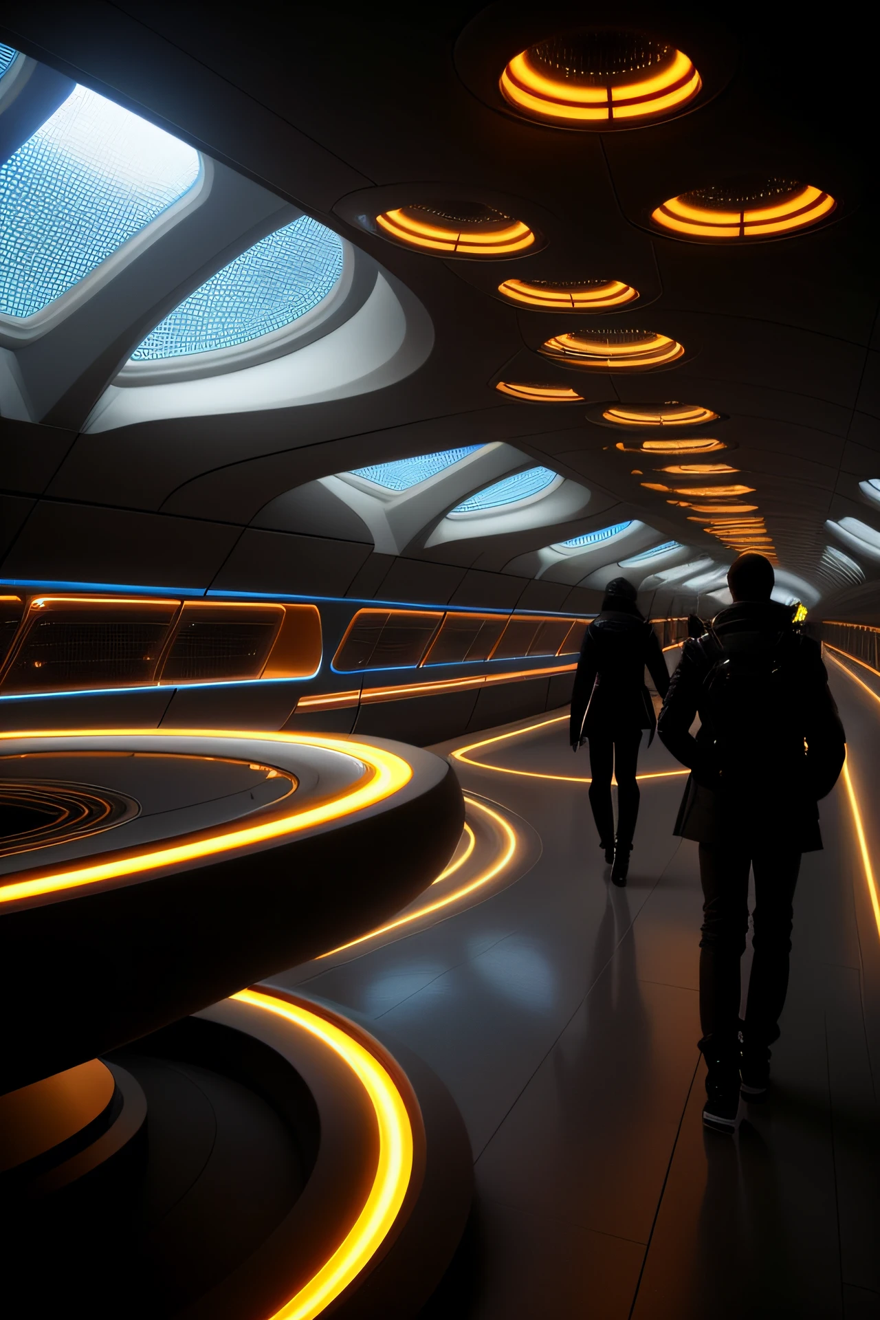People walk in tunnels with lots of lights on the ceiling, author:Chass is silent, in a futuristic spaceship, futuristic hall, author:Thomas Hefner, futuristic street, in a futuristic city, futuristic vibe, futuristic lighting, interior of an alien spaceship, futuristic marrakech, zaha hadid octane highly render, Very futuristic, Futuristic car, futuristic interior