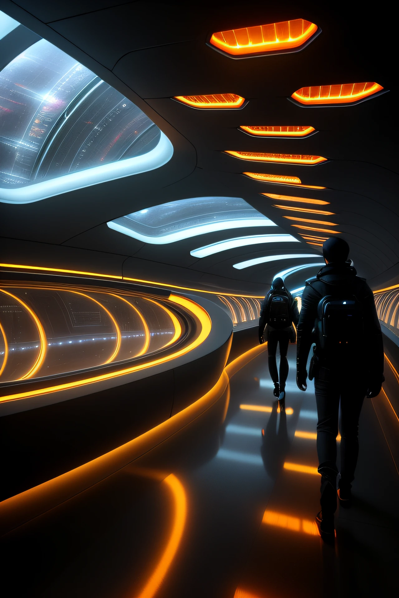 People walk in tunnels with lots of lights on the ceiling, author：Chass is silent, in a futuristic spaceship, futuristic hall, author：Thomas Hefner, futuristic street, in a futuristic city, futuristic vibe, futuristic lighting, interior of an alien spaceship, futuristic marrakech, zaha hadid octane highly render, Very futuristic, Futuristic car, futuristic interior