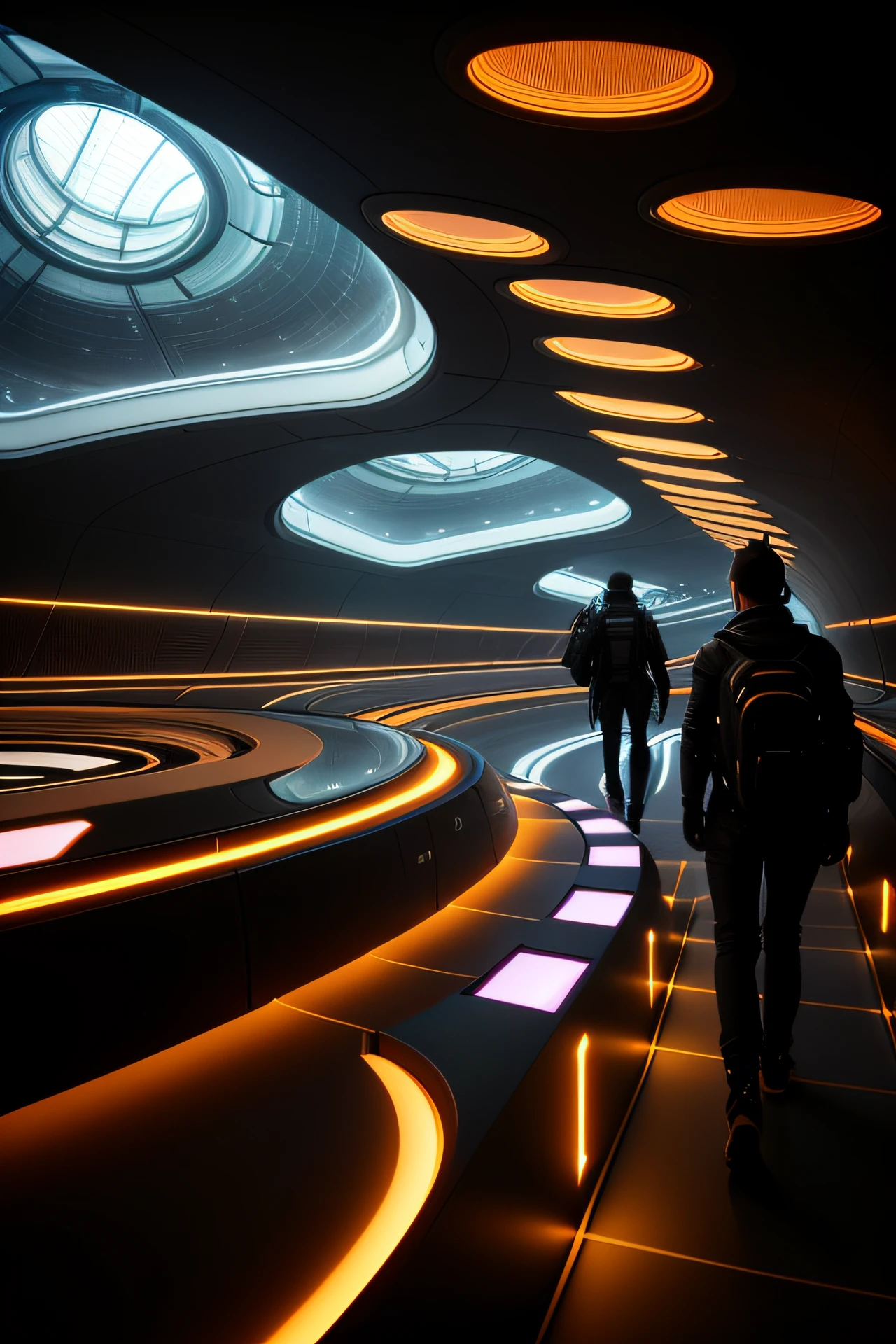 People walk in tunnels with lots of lights on the ceiling, author:Chass is silent, in a futuristic spaceship, futuristic hall, author:Thomas Hefner, futuristic street, in a futuristic city, futuristic vibe, futuristic lighting, interior of an alien spaceship, futuristic marrakech, zaha hadid octane highly render, Very futuristic, Futuristic car, futuristic interior