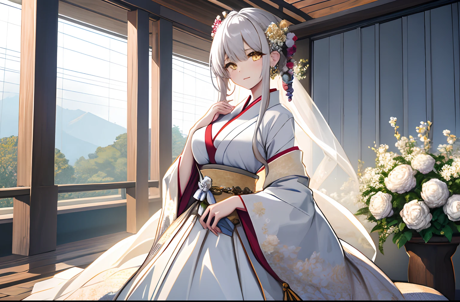 age is 18 years old, beautiful girl, masterpiece, top-quality, 8K anime, detailed fingers, Precise fingers, Not an unnatural hand.., illustration, 1 girl, bara, White Wedding Shirt, White shirt, Yellow ribbon on chest, White floral long skirt,Precise, bestquality,Shape: Height about 164 cm. It has a chest that is about a D cup.. ,Golden yellow eyes with long but thin straight eyebrows.. ,anime ,White hair to the waist.,Japanese Wedding Dresses,Holding a tsubaki flower