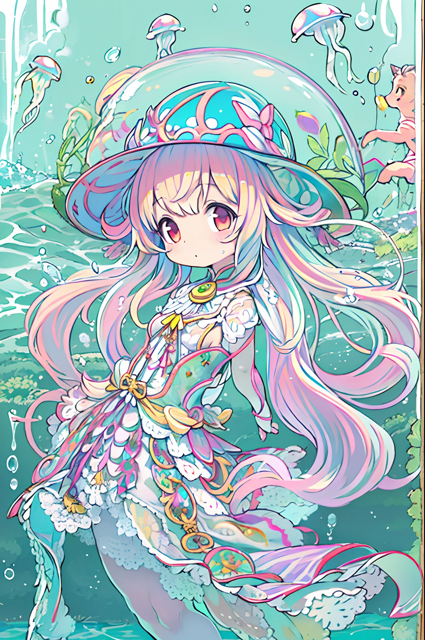 Pretty girl yes,flat chest,kawaii,(Jellyfish girl:1.2), arms behind back,under the water,frilly dress,