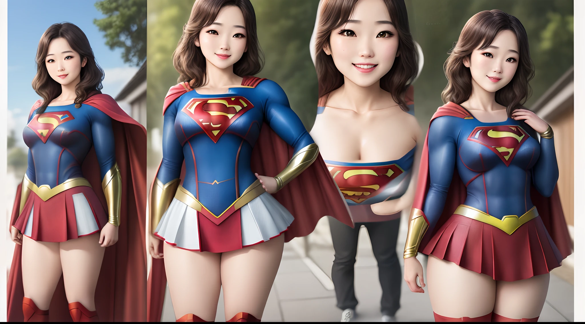 Men's Shot, Japanese actress as Supergirl with a transparent charming smile, rosy cheeks, natural make-up, subtle accent capes with feminine curves, Full Body