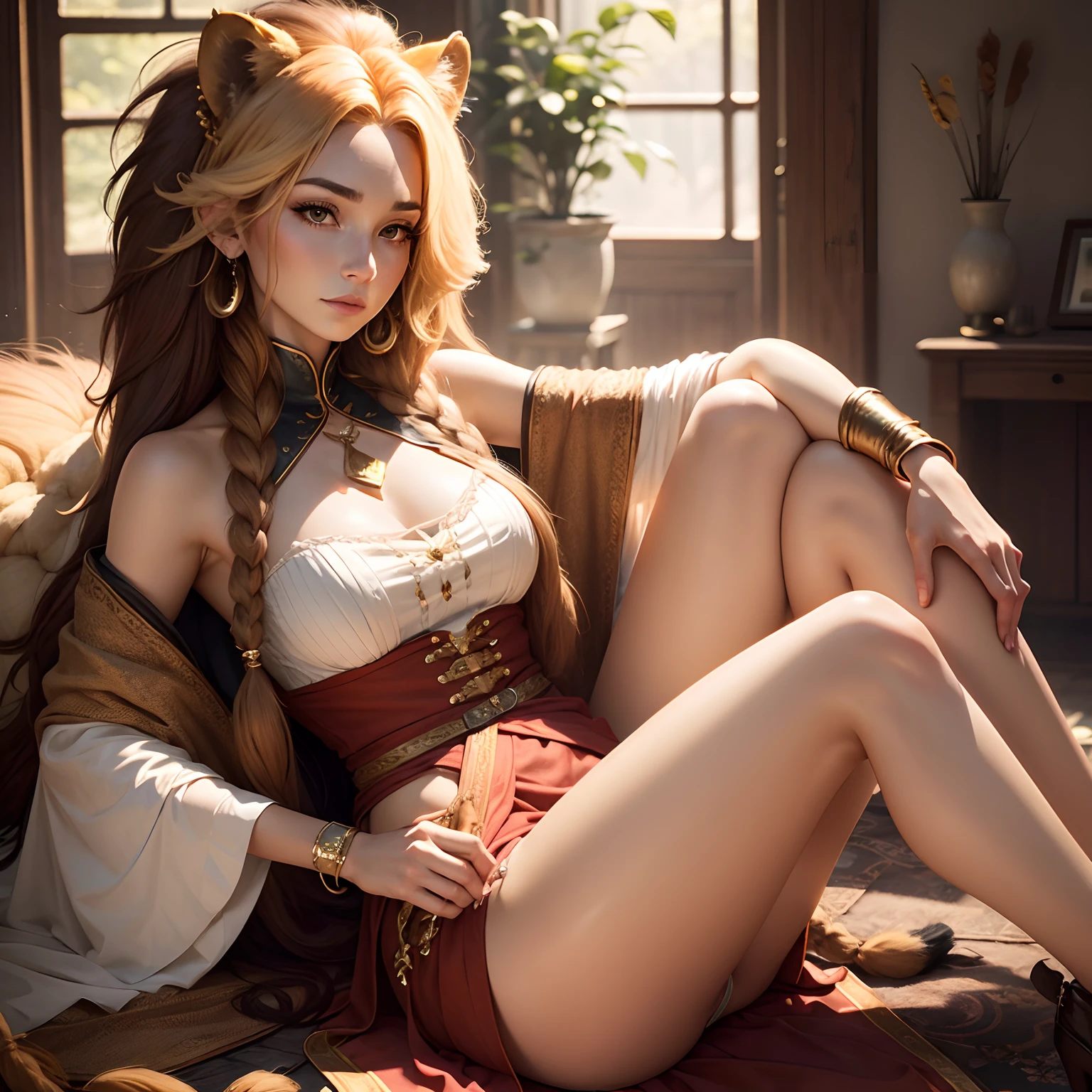 Woman with lion ear and tail.