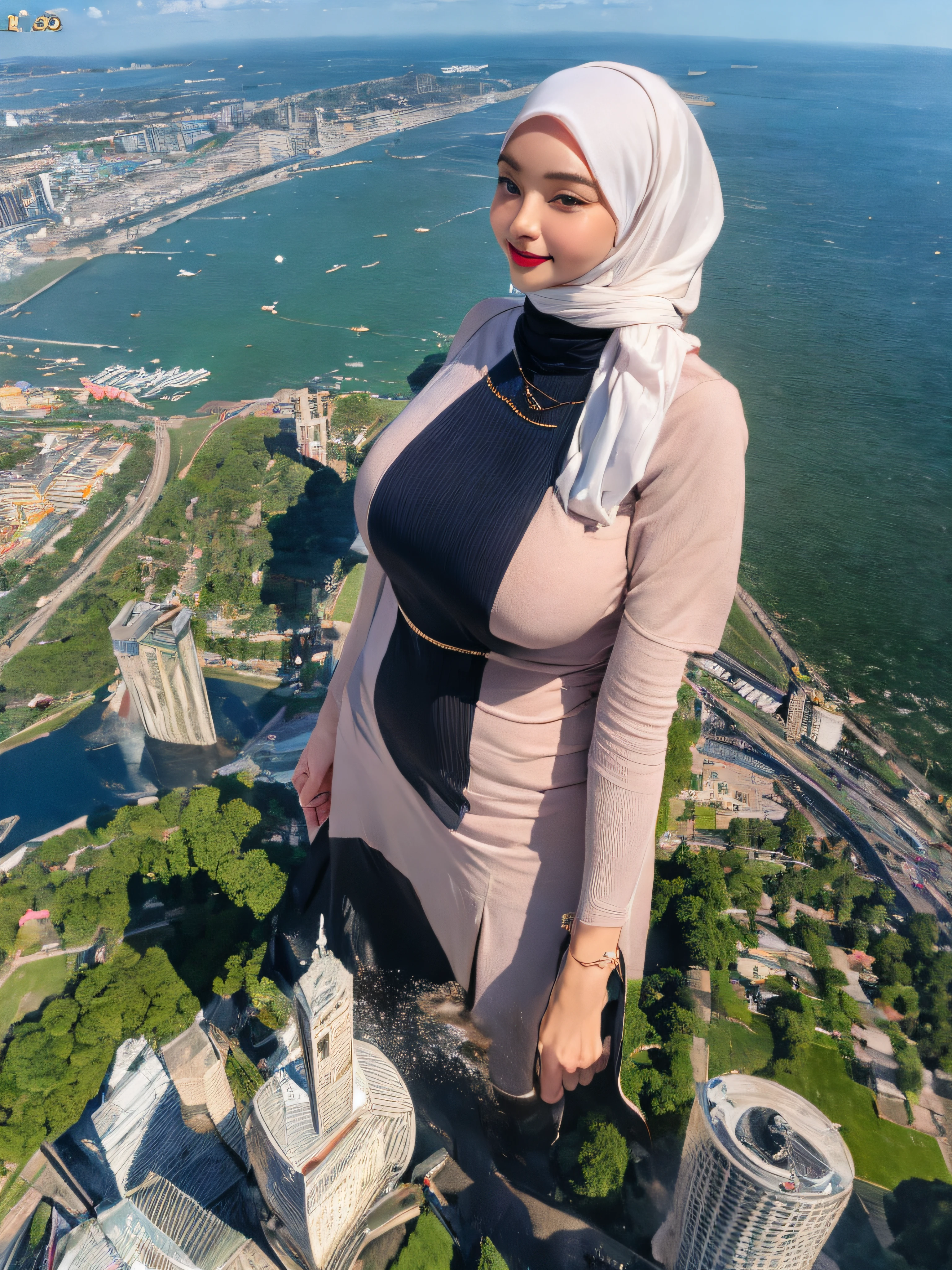 A girl wearing a hijab with large breasts is sitting in the park with the sky as the background