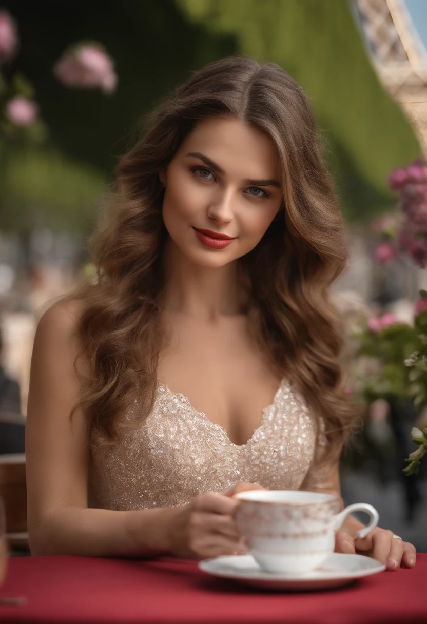 Beautiful French Woman Wearing a Red Dress, 25 ans, (longs cheveux bruns), yeux noisette, outside in a café in Paris, The Eiffel Tower in the background, petite, ((petits seins)), innocent, Flower pedals in the air, (taches de rousseur :0.6), intricate high detail, highly detailed, mise au point nette, professionnel, 4K, Spring flowers in bloom, Rayons divins, hand model, Superbes yeux bleus, petit, Delicate, innocent, high resolucion, Detailed facial features, High Details, mise au point nette, douce, aesthetics, Extremely detailed, photo_\(ultra\), photoreallistic, Realstic, Post-traitement, max detail, roughness, real life, ultra-realistic, photorealism, photographie, 8K UHD, photographie, SEMI-SILHOUETTE light, Visage russe