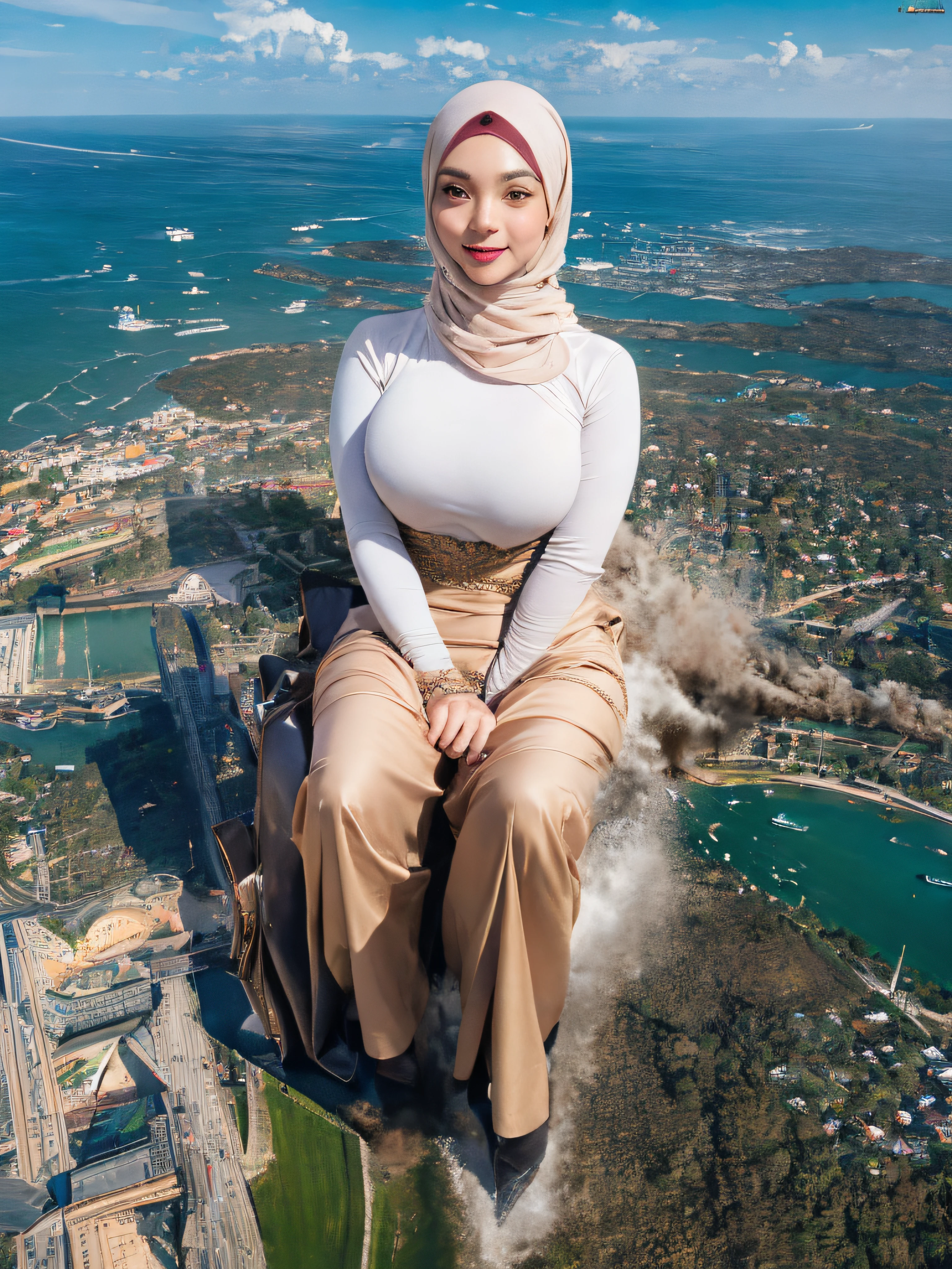 (Best quality, high resolution, masterpiece: 1.3), a beautiful malay woman in hijab, gigantic breasts, slim figure, sweatshirt, beautifully presented details in the street and facial and skin texture, detailed eyes, double eyelids, big eyeschest visible, shirt openfeatures), HDR, 8k resolution, nice fingers, firm skin, (((high detail skin, visible pores))), 1 female, tall body, 30 years old, holding a luxurious handbag(ultra Gigantic Breasts:1.3, heavy hanging breasts, perfect round shape breast), wearing jeans Tight Malay Gamis Pastel Close Up Tight Hijab, big busty red lips, Full Body, Beautiful Shy Smile, Wearing High Heels, In Lux, wearing deep_v-neck_dress, (giga:1.3), giantess, (city destruction:1.35), metropolis, london, aerial view, sitting on a building