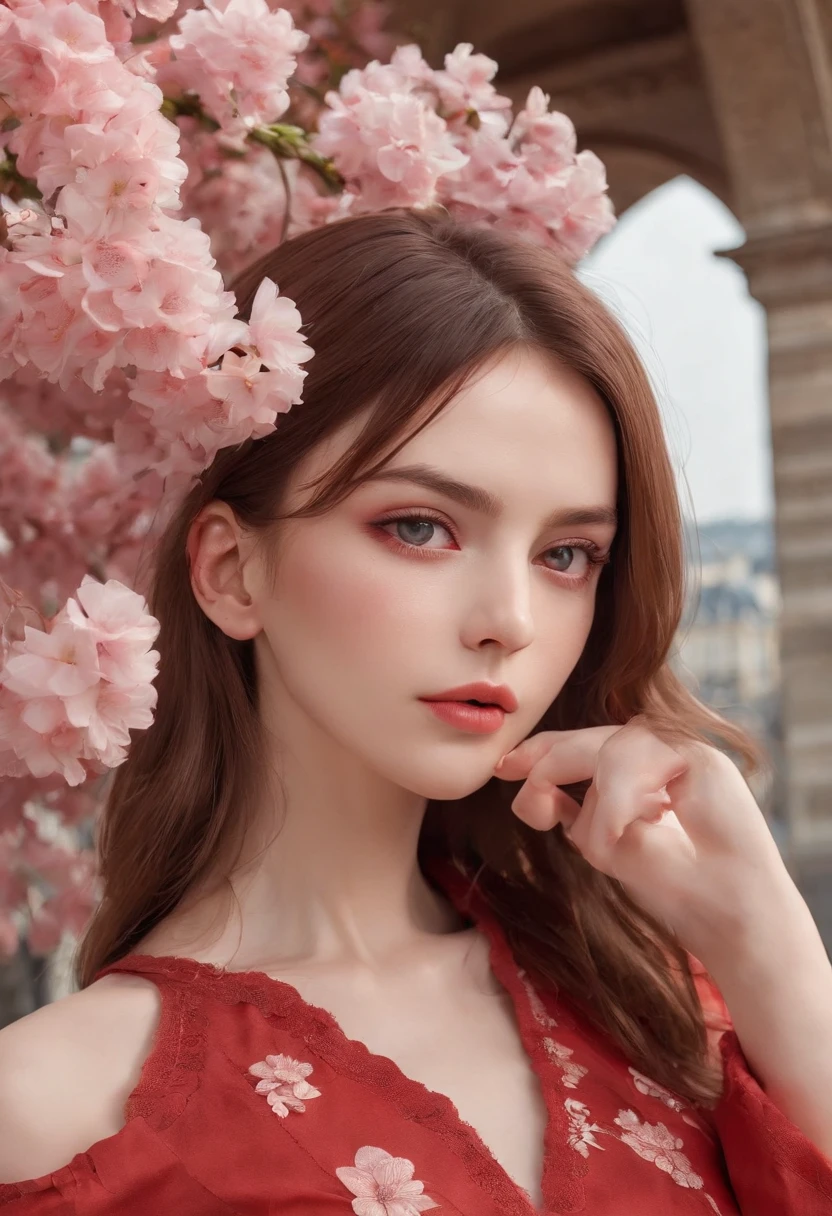 Beautiful French Woman Wearing a Red Dress, 25 ans, (longs cheveux bruns), yeux noisette, outside in a café in Paris, The Eiffel Tower in the background, petite, ((petits seins)), innocent, Flower pedals in the air, (taches de rousseur :0.6), intricate high detail, highly detailed, mise au point nette, professionnel, 4K, Spring flowers in bloom, Rayons divins, hand model, Superbes yeux bleus, petit, Delicate, innocent, high resolucion, Detailed facial features, High Details, mise au point nette, douce, aesthetics, Extremely detailed, photo_\(ultra\), photoreallistic, Realstic, Post-traitement, max detail, roughness, real life, ultra-realistic, photorealism, photographie, 8K UHD, photographie, SEMI-SILHOUETTE light, Visage russe