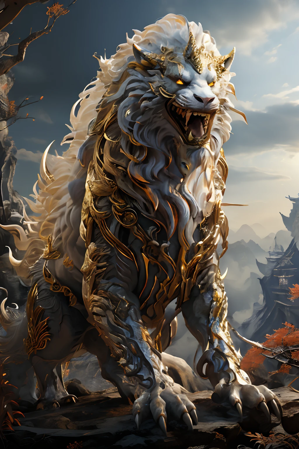 Unicorn,Big Yellow Cave Well,Masterpiece,超高分辨率,Exquisite details,Open your mouth,Sharp teeth,