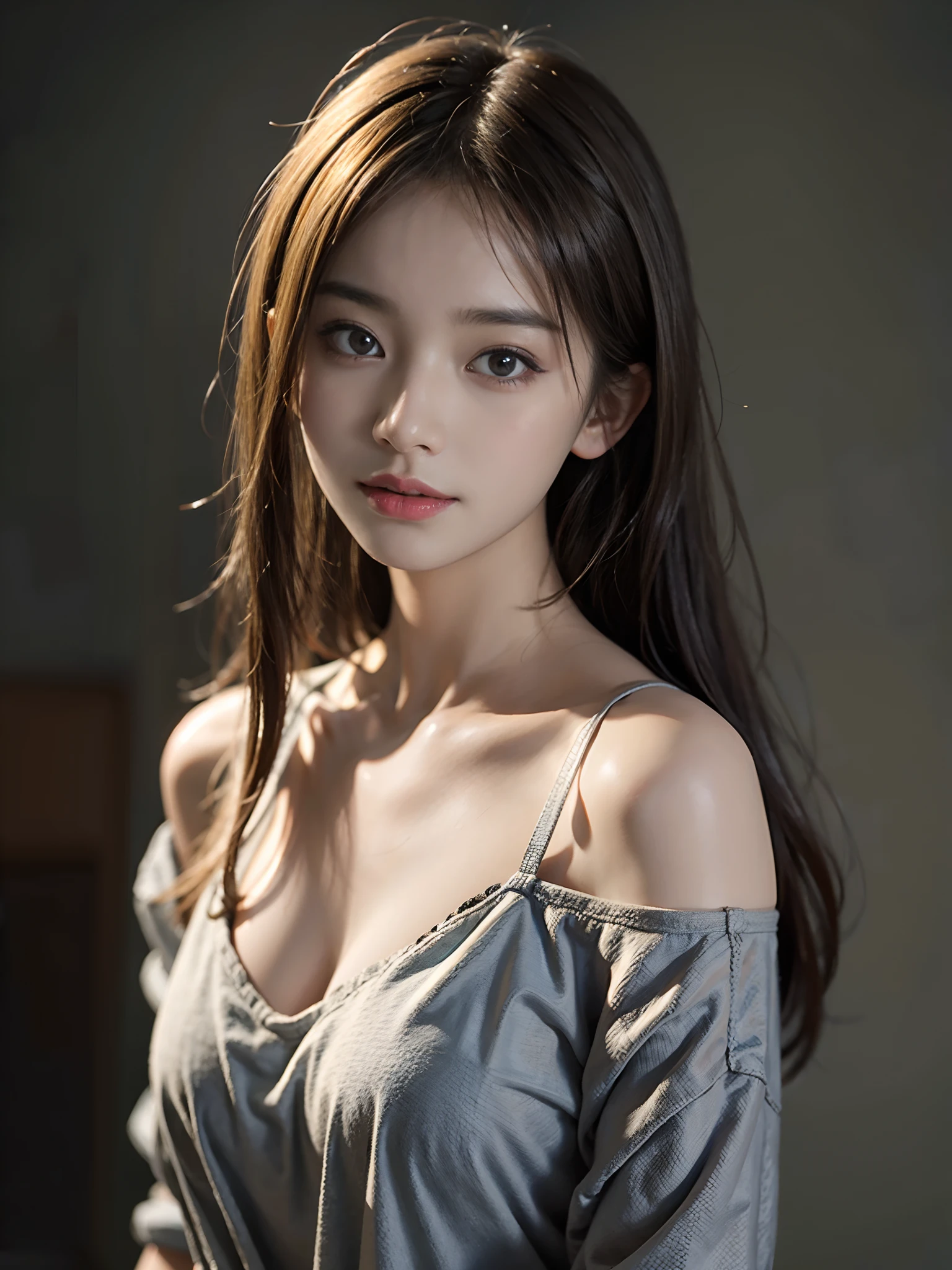 Best Quality, Masterpiece, Ultra High Resolution, (Realism: 1.4), Original Photo, 1girl, Bare Shoulder, In the Dark, Deep Shadows, Low Profile, Cold Light, Big Breasts