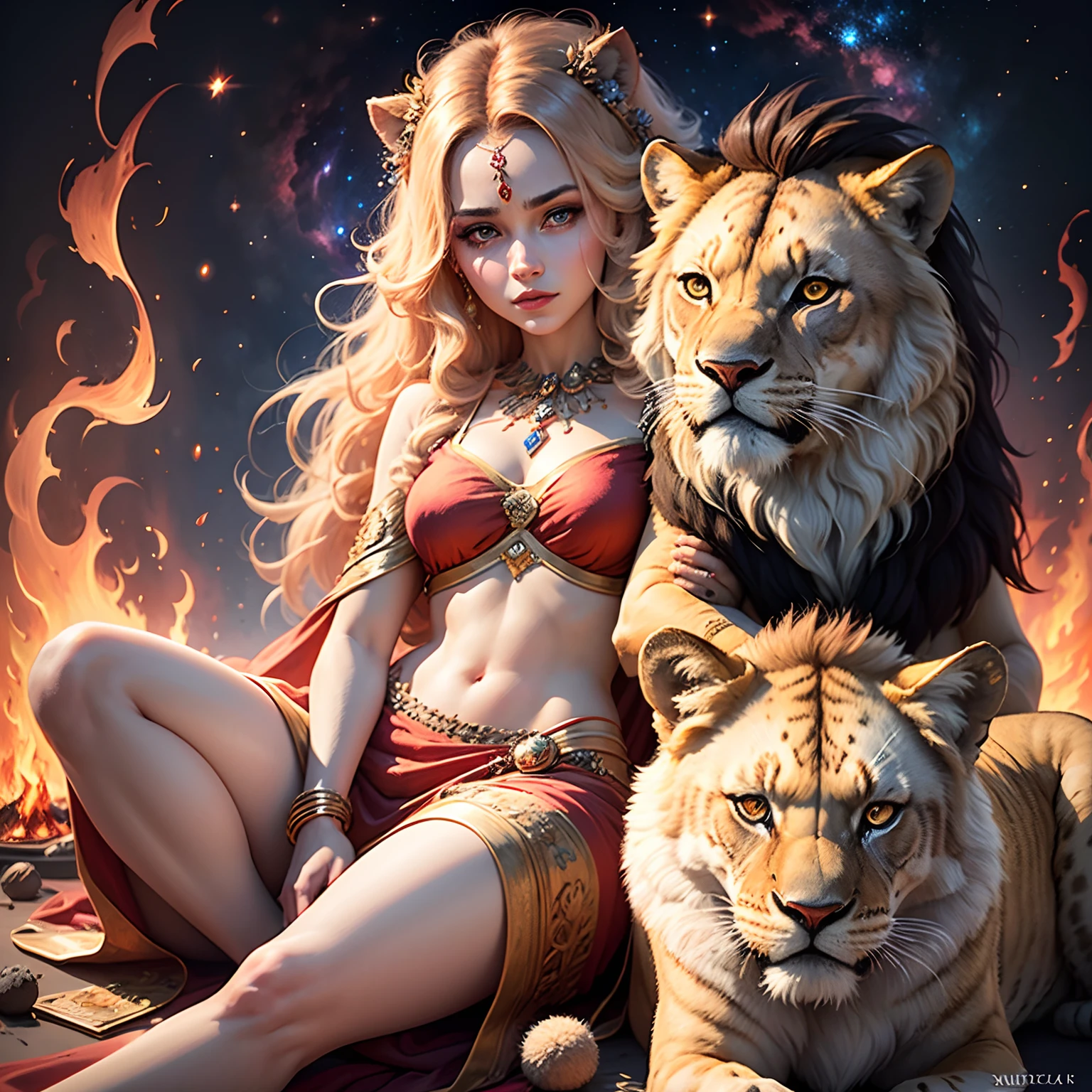 Leo zodiac goddess red lips wearing yellow Transparent Body Stocking with big breasts visible camouflaging naked muscles hairy pussy sitting among a herd of male lions on the grassland