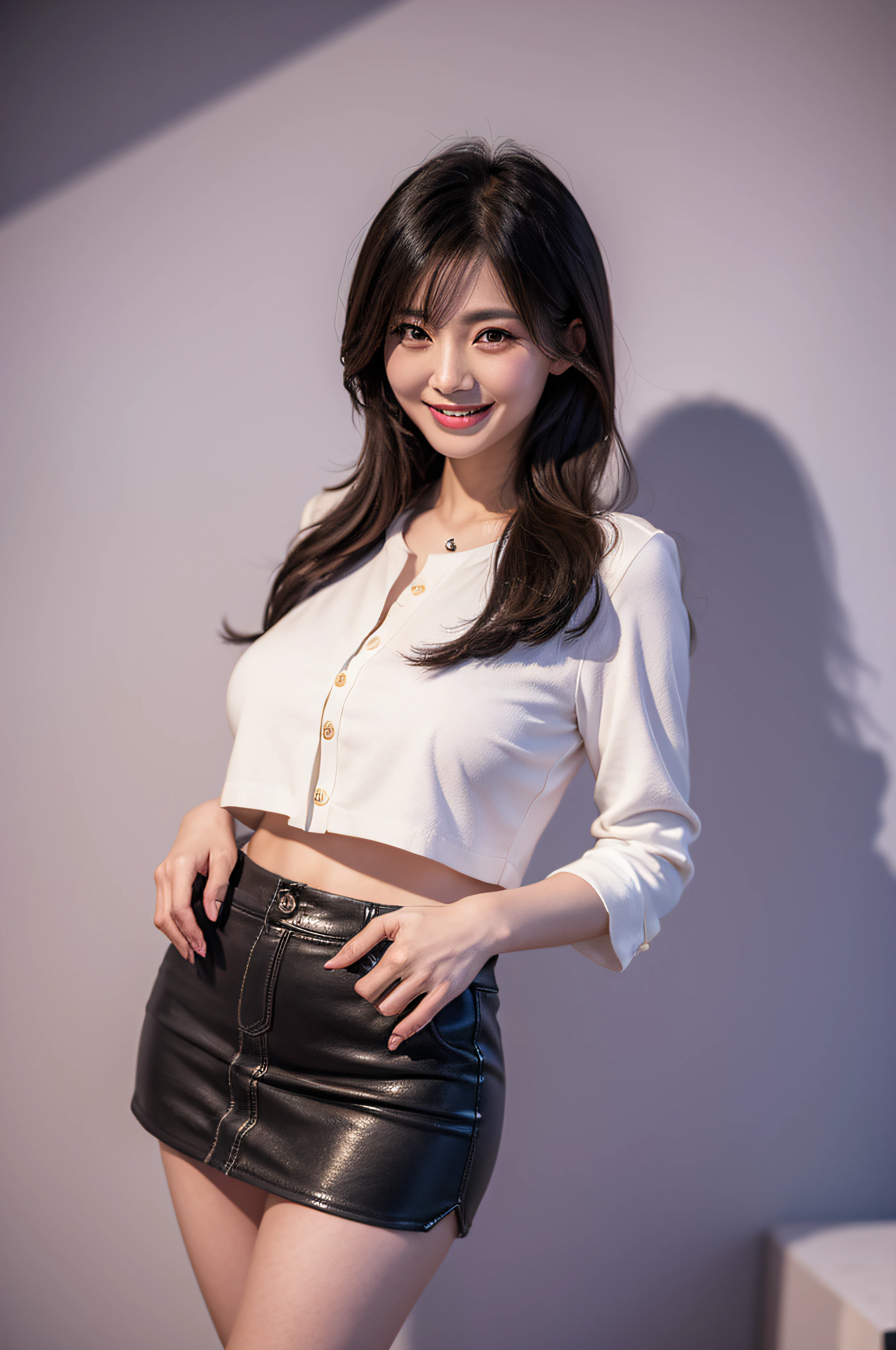 A Japanese milf, one shot girl, Big breasts, Slender figure, Realistic teeth, double eyelids, mini skirt, standing, full-length, smile, Casual Fashion, background is night building,