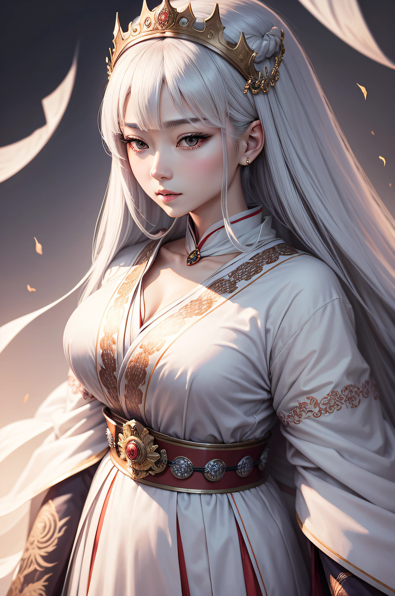 Japanese queen manga is noble and elegant，Increase the resolution，detail-rich，Beautiful detailed eyes，Crown on head，solid color backdrop，White shawl，Thin waist，Slim，Solemn，Mature female