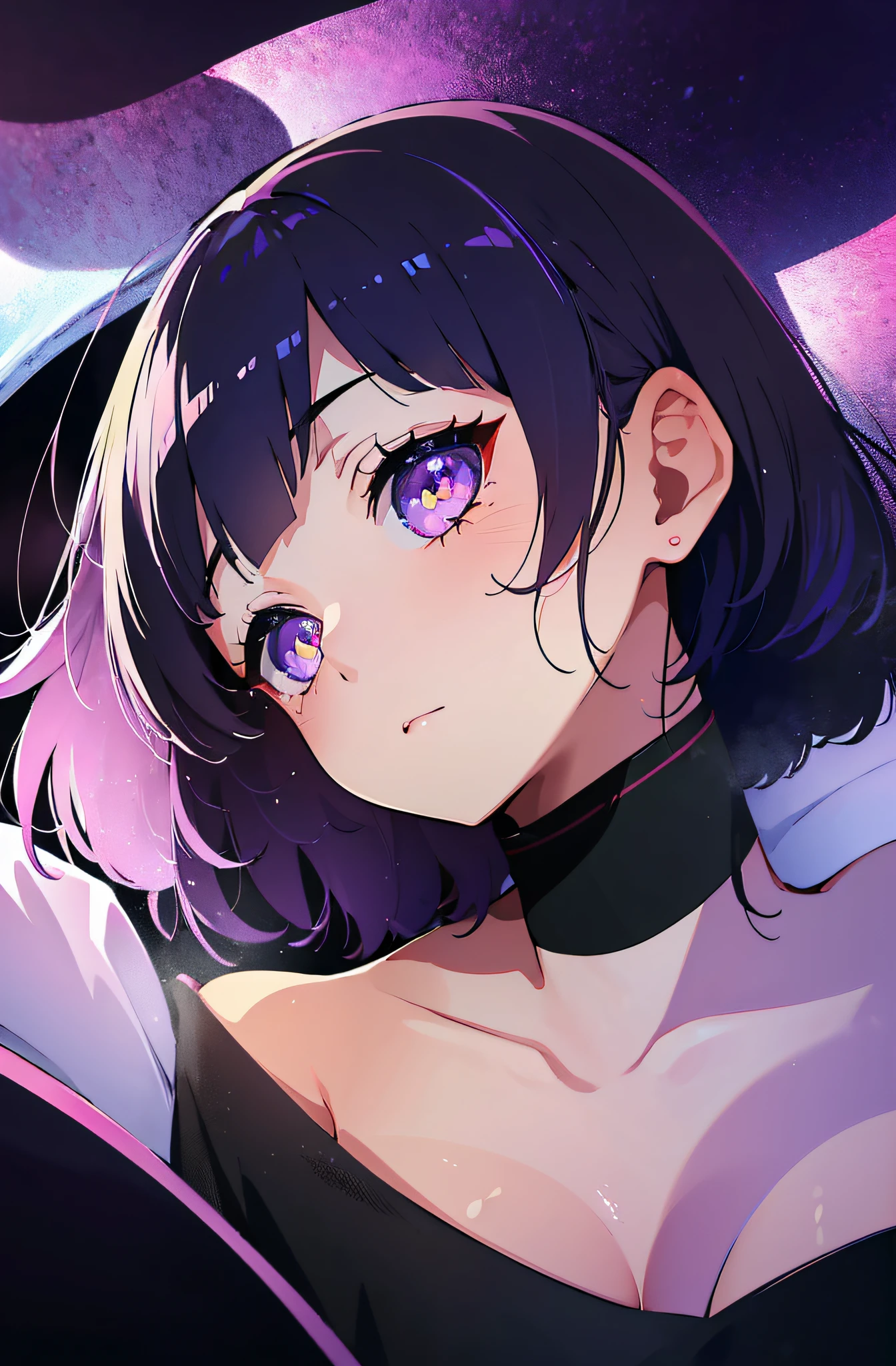(masutepiece:1.3), (Best Quality:1.3), High resolution, Couboy Shot, on back, Sleeping, (One Cute Girl:1.3), Solo, White skin, tiny chest, eight-headed person, Purple hair, (bobhair:1.2), Mixed mesh and black hair color、Short hair, (Blunt bangs:1.2), Beautiful hair, Eyes are purple, Beautiful detailed eyes, ultradetailed eyes、Sparkling eyes、Iridescent aura around the eyes、Iridescent eyes、Detailed eyes that are sucked in,blush, heart mark, Outdoors, Purple background, bed, Shadow lighting,