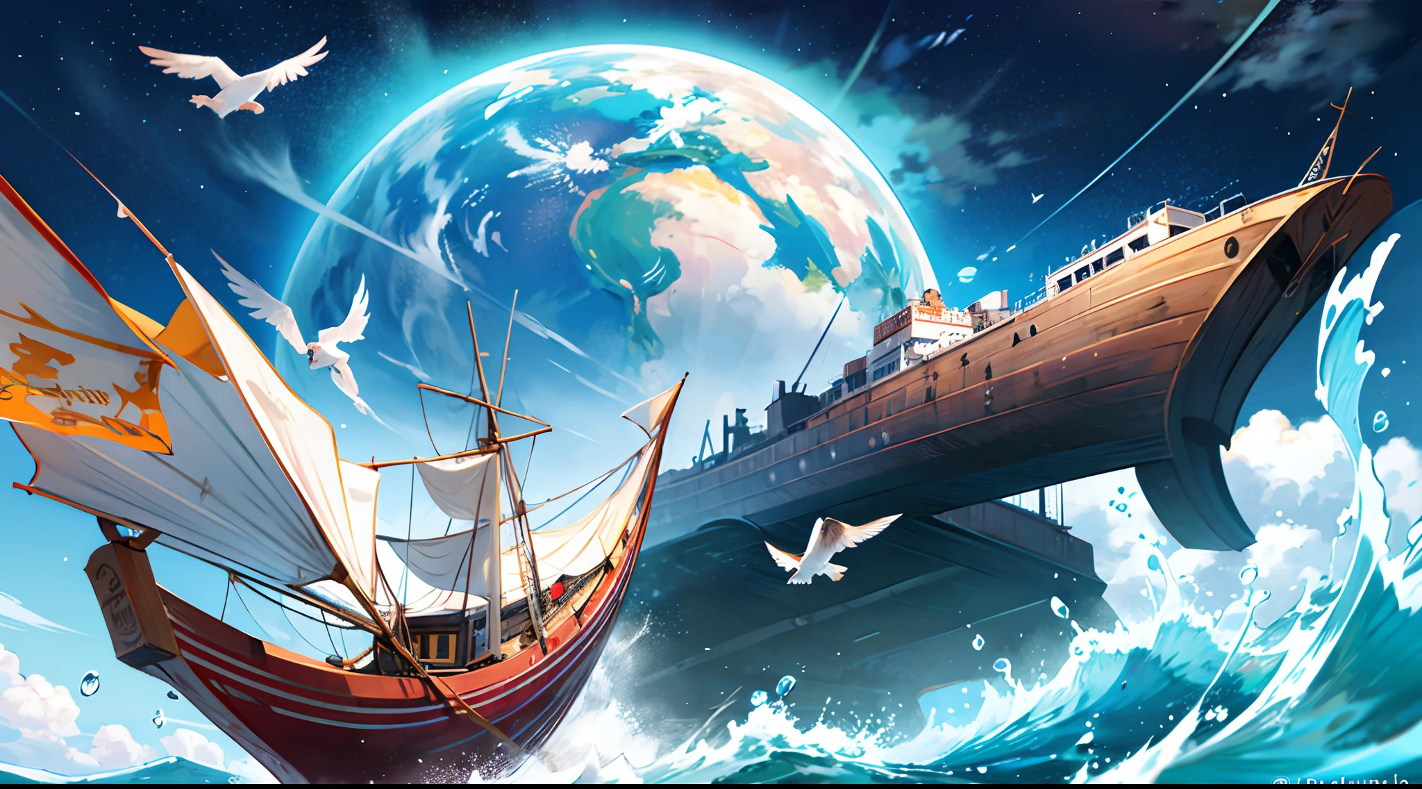 Dramatic views of a giant flood overtaking the earth, with a lonely ark sailing on the water, with a pair of birds flying above and a pair of fish swimming below.