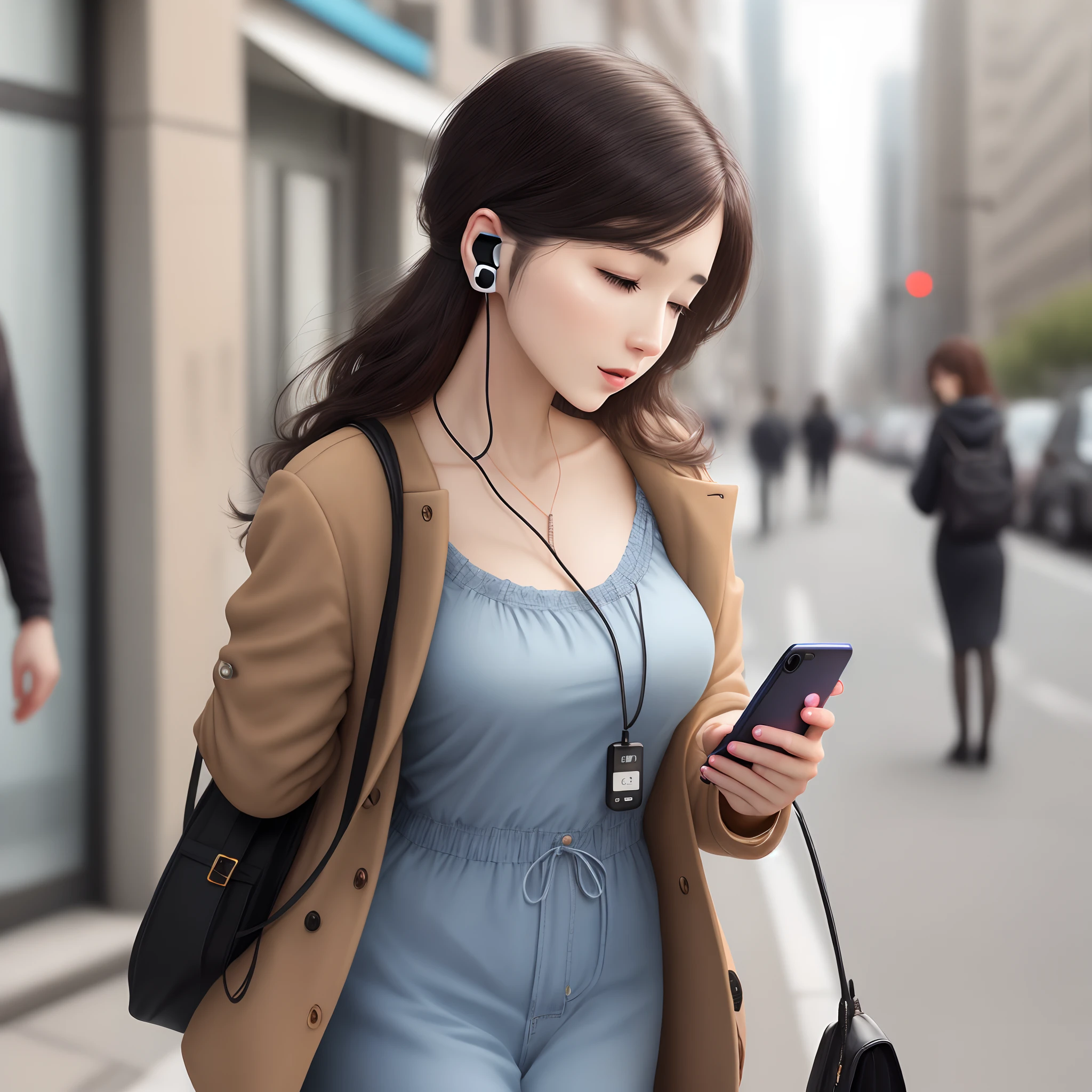 Woman with cell phone in hand and with earphone in ear