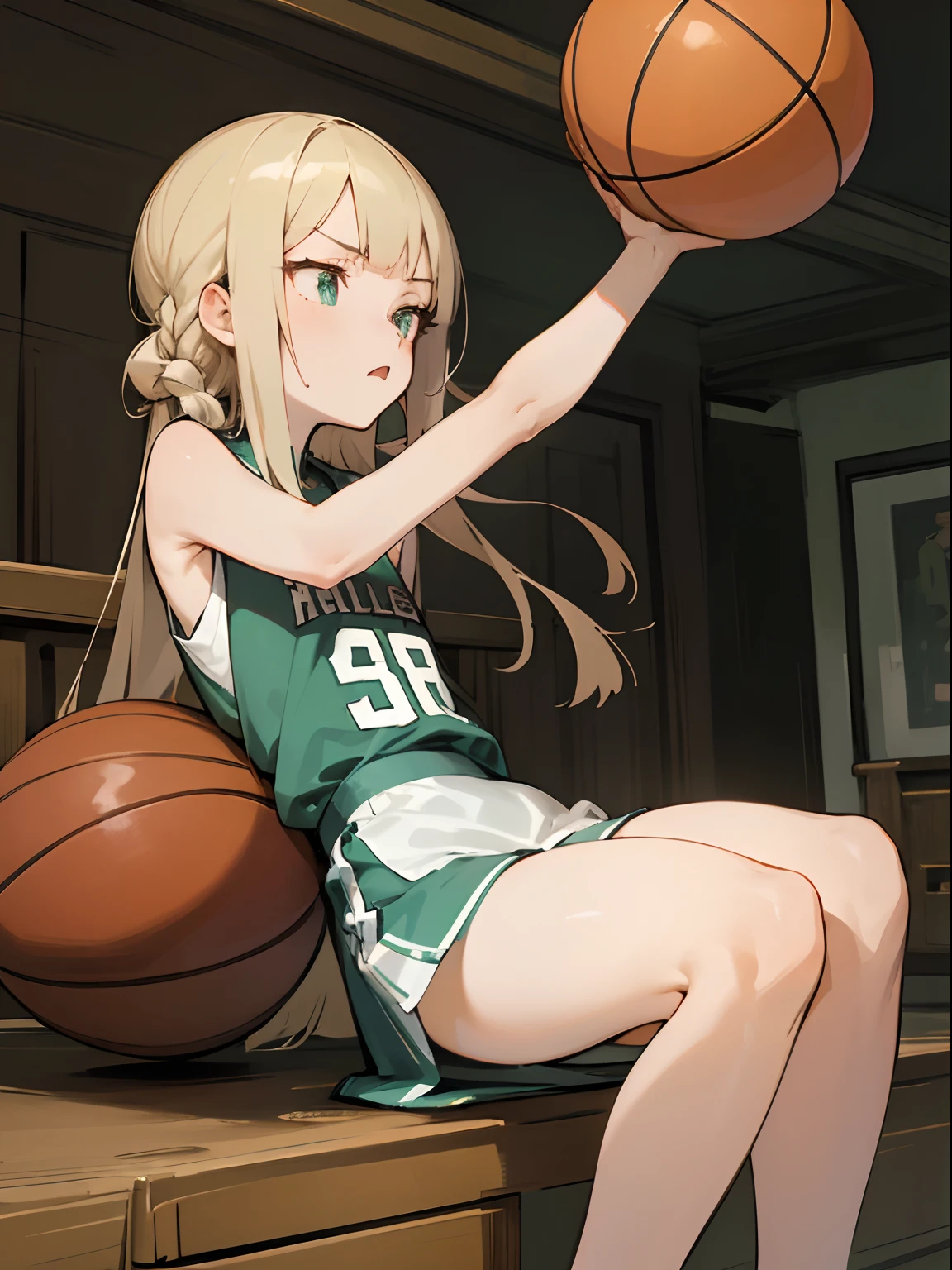 Reines, 1girl, high quality, best quality, illustration, masterpiece, (highly detailed:1.2), (extremely detailed:1.3), flat chest, sleeveless, oversized basketball jersey, young girl, braid, petite, loli, sweaty, hot summer, slender thighs, in a house