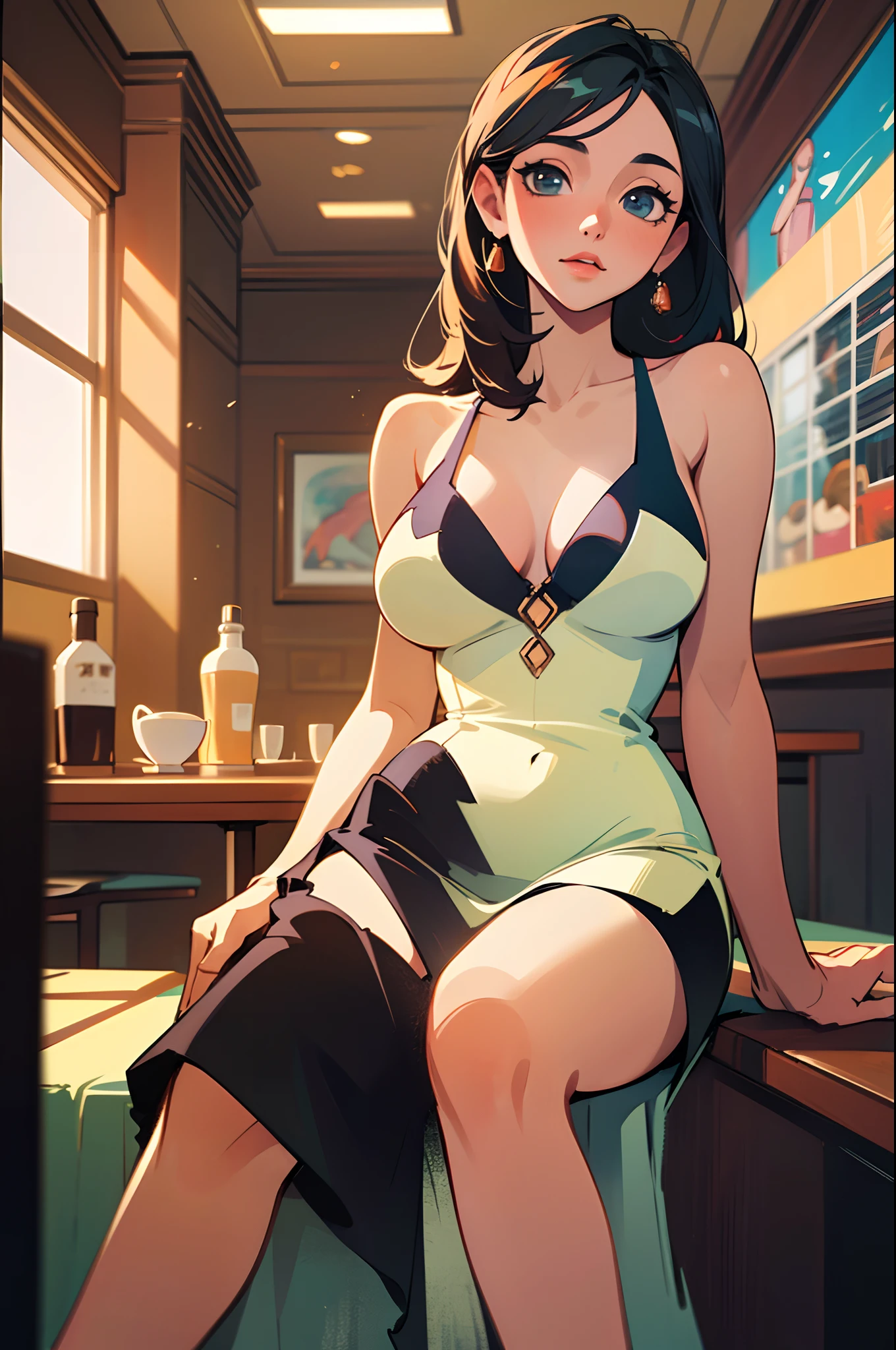 (masterpiece), (best quality), 8k resolution, 1girl, Asian girl, stunning beauty, perfect face, mature female, 20yo, sexy, sunny, sitting, autumn, indoor, in the cafe,low cut dress, cinematic, low key, old film color, film photography