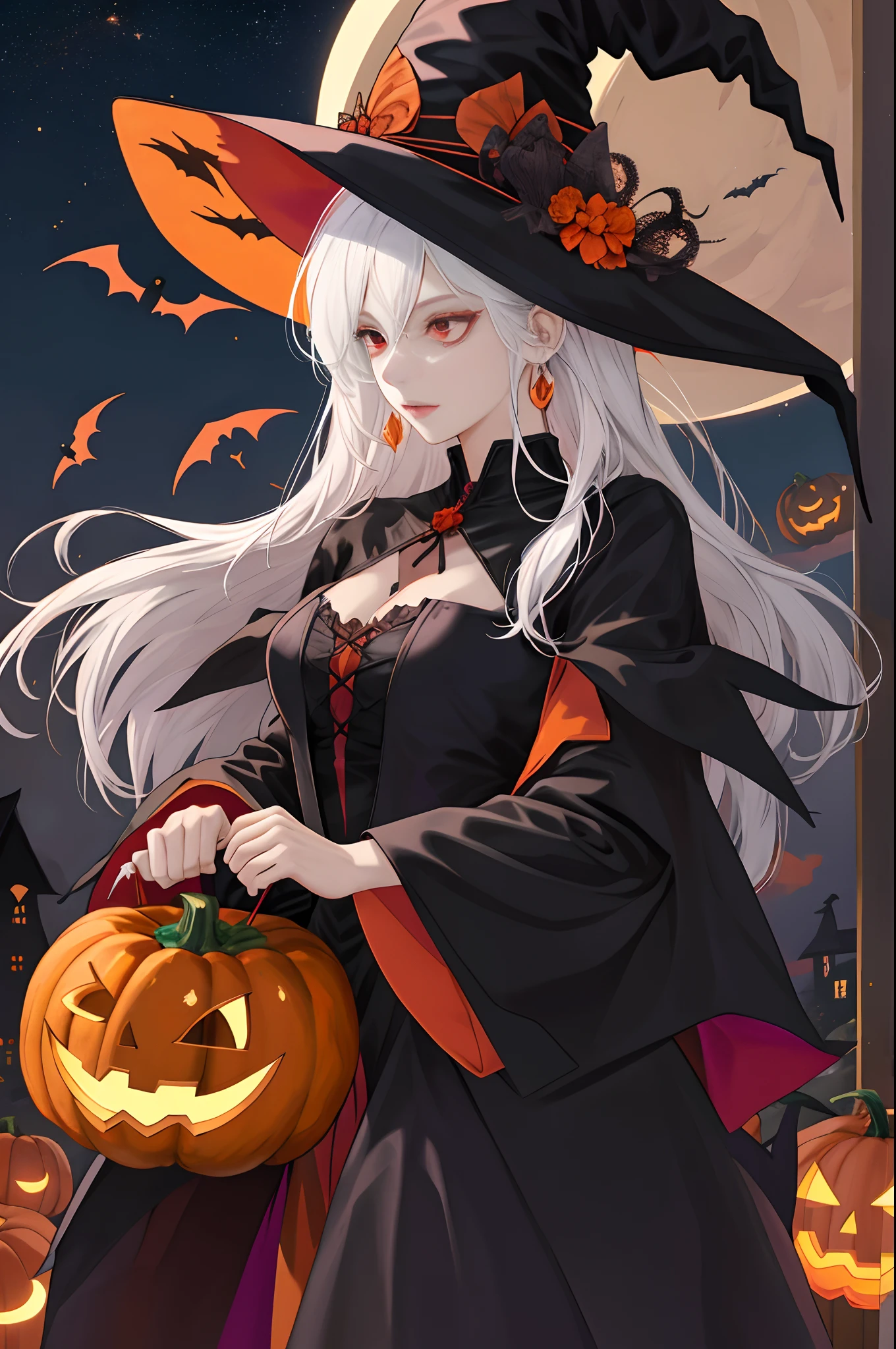 There's a woman in a witch costume holding two pumpkins, a witch hat, a witch outfit, a black outfit, white hair, Halloween night background, red eyes, a pretty girl
