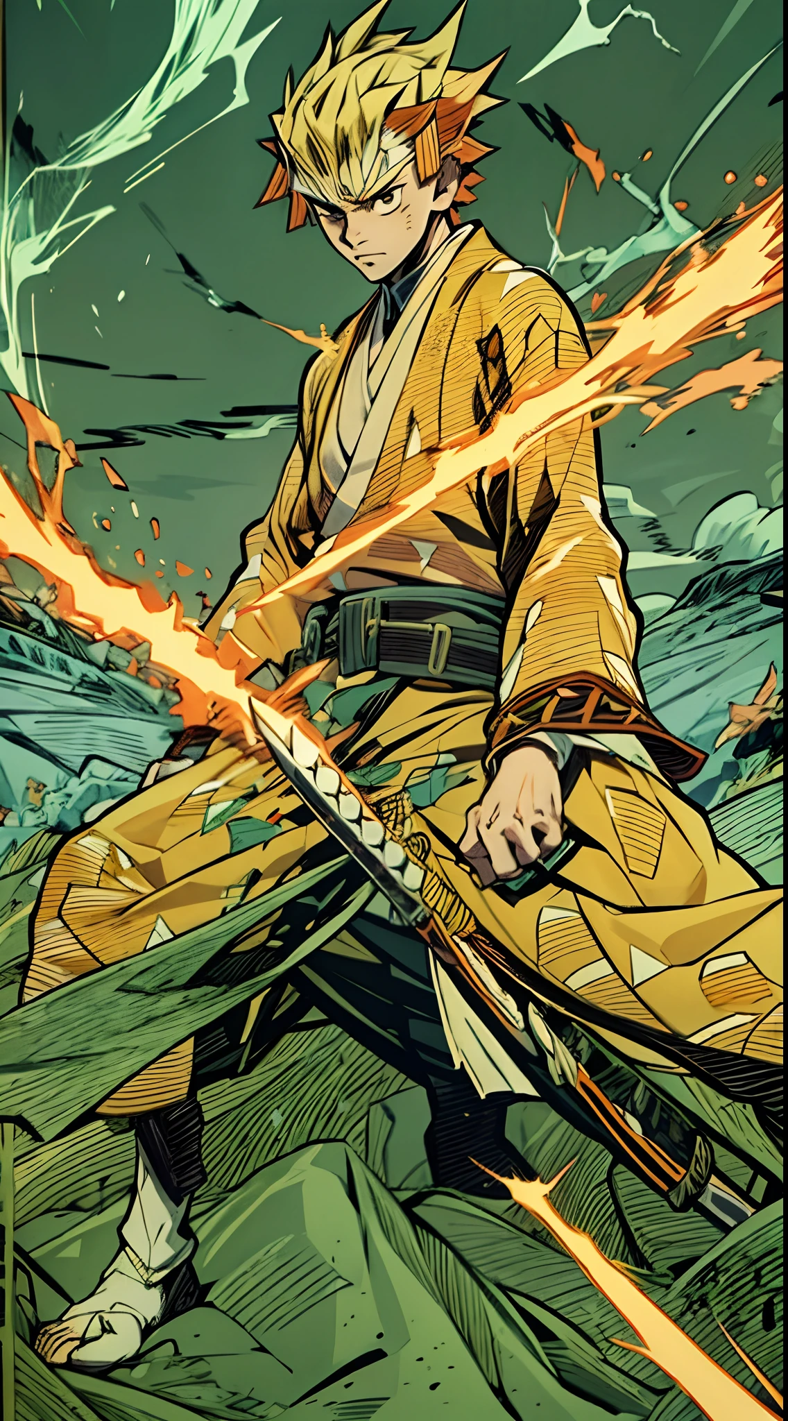 Visualize Zenitsu Agatsuma, a pivotal character from Demon Slayer, on the verge of unsheathing his katana, his expression exuding focused determination, his gaze unwavering and directed straight ahead, his posture subtly leaning forward, attired in a striking electric yellow robe, the air charged with vivid lightning, Rendered in the style of a traditional Japanese woodblock print, enhancing the dramatic effect