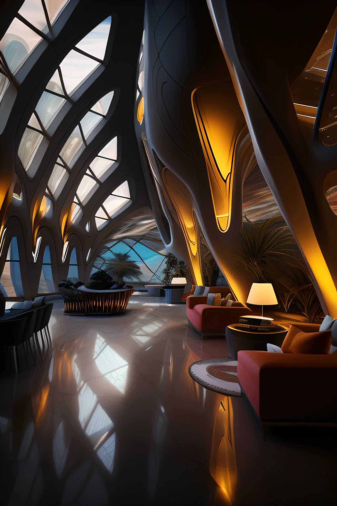 View of Aalfed from a large room with lots of windows, in style of zaha hadid architect, zaha hadid style architecture, in style of zaha hadid, in a futuristic desert palace, Zaha Hadid architecture, portal. zaha hadid, inspired by Zaha Hadid, Alien architecture, author:zaha hadid, author:Chass is silent, architecture zaha hadid
