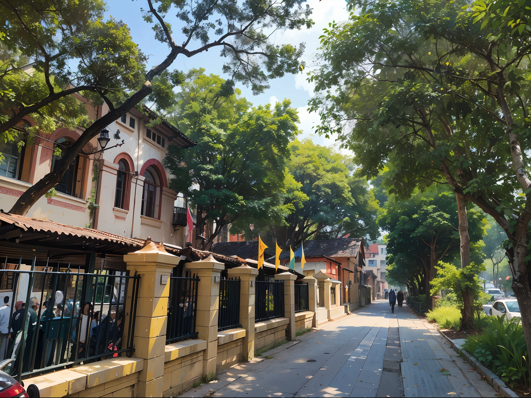 trees are growing along the sidewalk of a city street, colonial era street, photograph of the city street, colombo sri lankan city street, outdoors tropical cityscape, against the backdrop of trees, narrow and winding cozy streets, on a sunny day, on a bright day, in a city with a rich history, residential area, colonial house in background, the neat and dense buildings