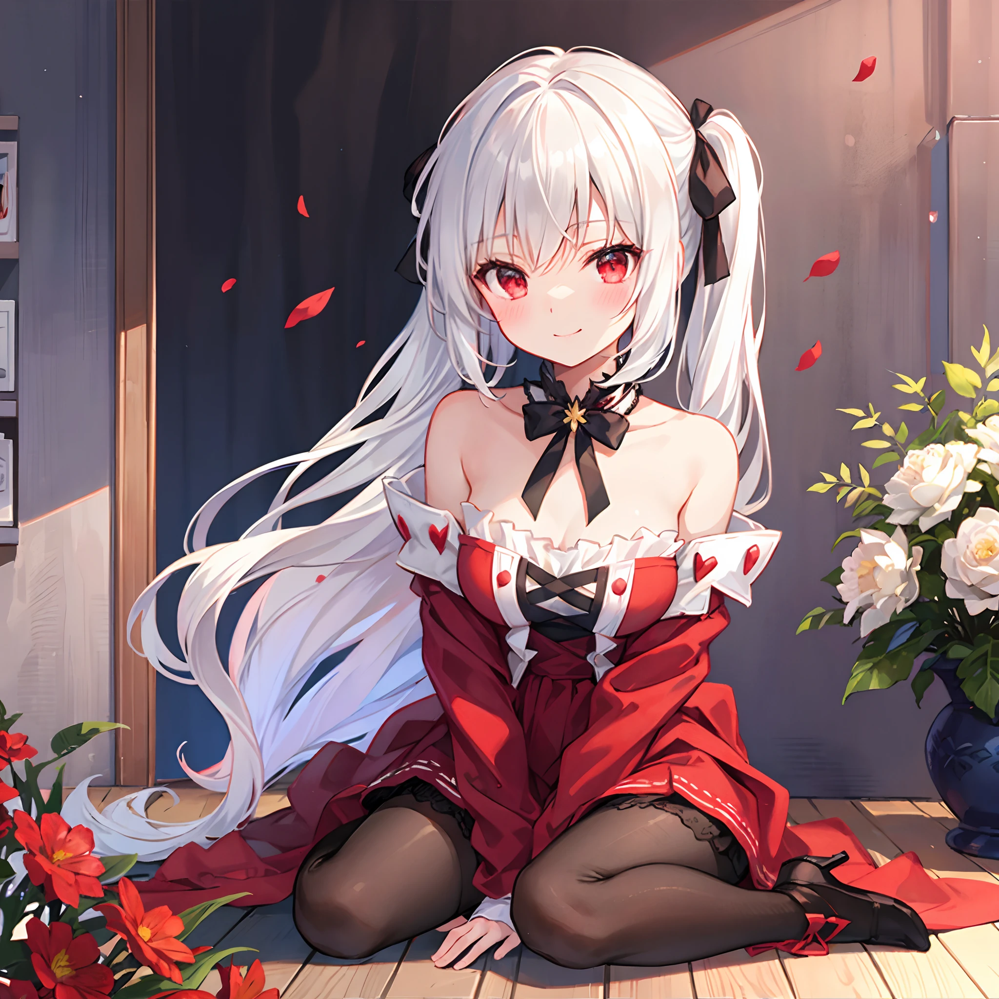 white  hair、poneyTail、red eyes、bow ribbon、Beautiful girl alone、red blush、Fluffy clothes、off shoulders、Black tights、Surrounded by flowers、Western-style room、Sitting on the floor、A smile、