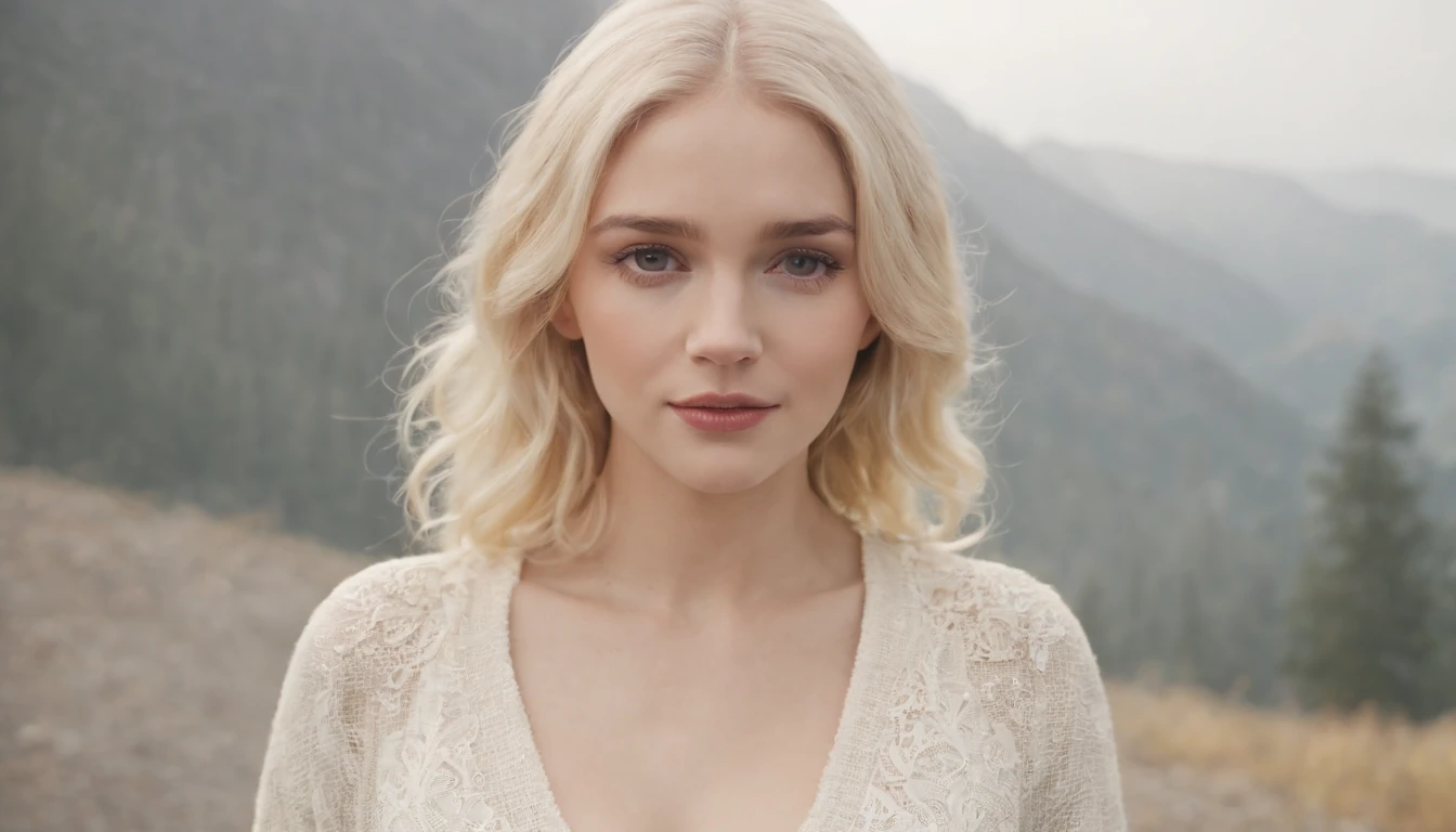 femele,Short blonde white-blonde hair,tall nose bridge,White skin,180 height,Singing with a microphone in hand,Wear a pale yellow cardigan,Pajamas