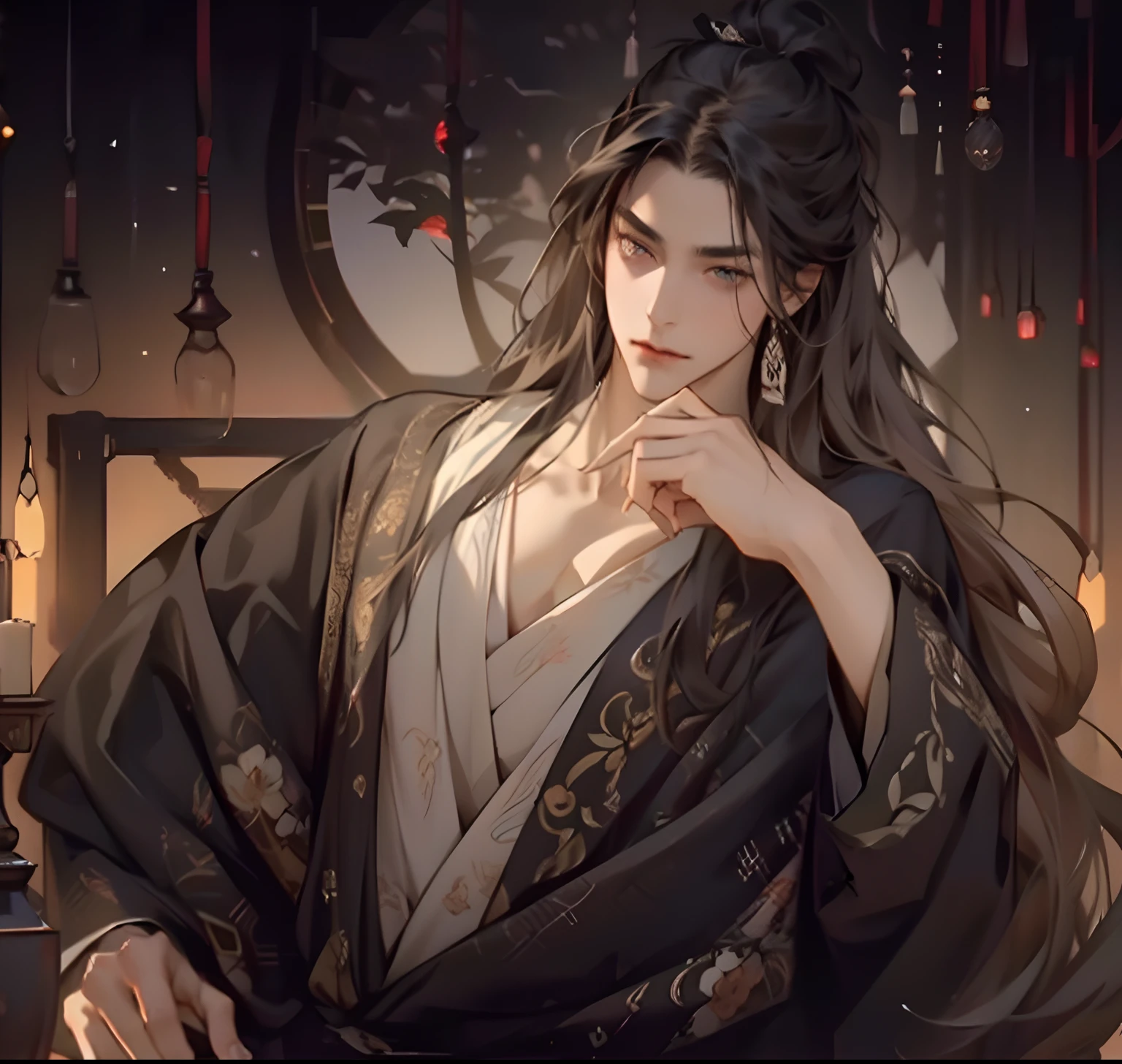 (extreamly delicate and beautiful:1.2), 8K, (tmasterpiece, best:1.0), , (LONG_HAIR_MALE:1.5), Upper body body, a long_haired male, cool and seductive, evil_gaze, wears opened hanfu, and intricate detailing, and intricate detailing, finely eye and detailed face, Perfect eyes, Equal eyes, Fantastic lights and shadows、white room background、 Uses backlight and rim light