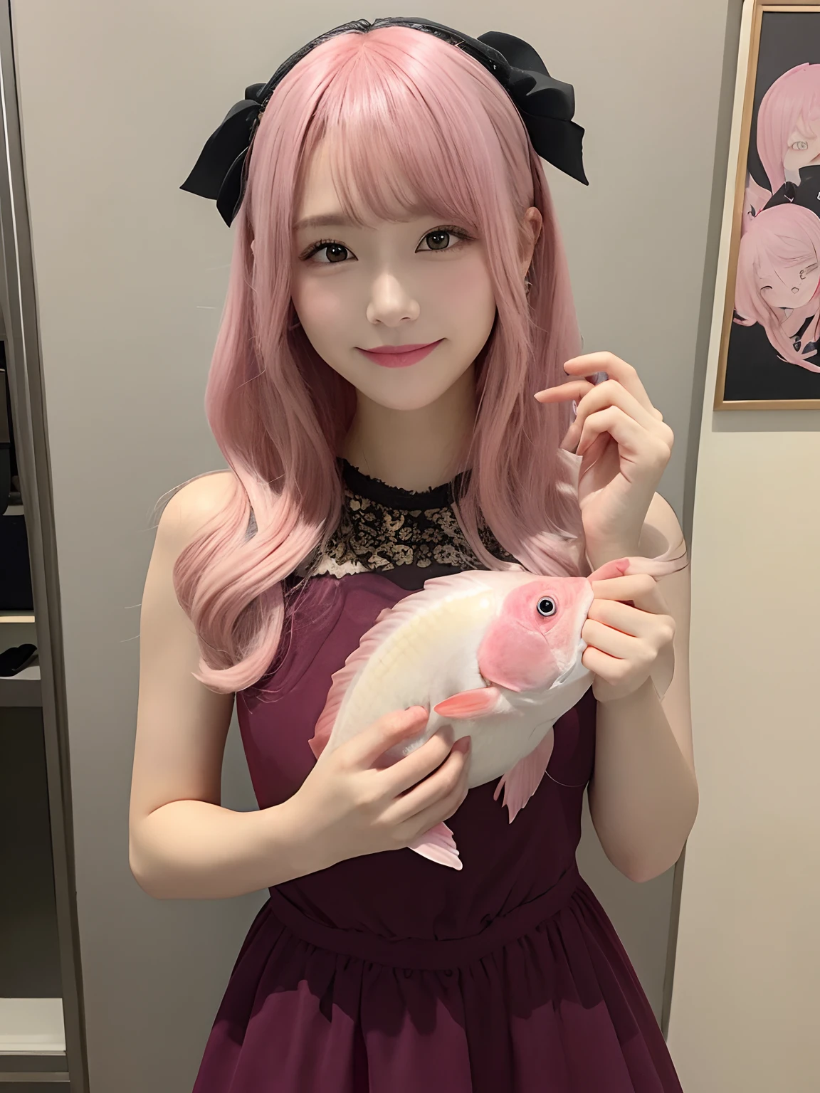 masutepiece、Best Quality、Illustration、ultra-detailliert、hight resolution、8K Wallpapers、Perfect dynamic composition、Beautiful detailed eyes、Natural Color Lip, Smile、20 years girl、Cute、(top-quality:1.3)、(masterpiece:1.3)、(The ultra-detailliert:1.3)、(wall-paper, one girls)、(Pink hair:1.3)、Semi-long hair、inside in room、Smile、frontage、Big breasts dress、A Princess、hair arrange、Cod roe、Tarako clothes、Have mentaiko、Dark pink dress、Carrying a cod on your head、