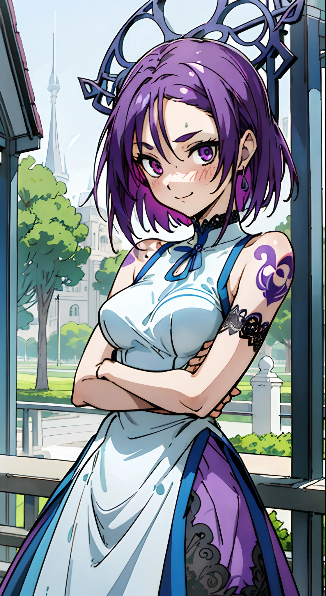 Colorful, Up-close, purple color hair, Ultra-realistic hair quality, Vibrant colors, Young Girl, girl, Beautiful long hair, Shiny hair, detailed hairs, Hair Ribbon, Single-sided up, Reo Mikage, Blue Lock, no sleeves, Sleeveless, Open shoulders, Cinderella, Camisole and cheongsam, Cinderella in panniers and cheongsam, Cinderella Dresses and Cheongsam Dresses, Lace dress, long-one-piece dress, White stockings, Chest exposure, Lace underwear, Metamorphosis is exposed, Choker, Black Choker, complete fingers, Five Fingers, Two arms, The tattoo, body tattoo, arm tattoos, Blue Rose Tattoo, Tattoo on the wrist, Relative area, Sexy breasts, Big breasts, red blush, 1girl in, Solo, Sharp face, Heterochromia, Green eyes, Purple eyes, Bare neck, Happy face, lightsmile, Skirt in dress, Panniers in dresses, Scenery of Shanghai, Castles, masutepiece, Ultra-detailed, Hyper-detailing, Best Quality