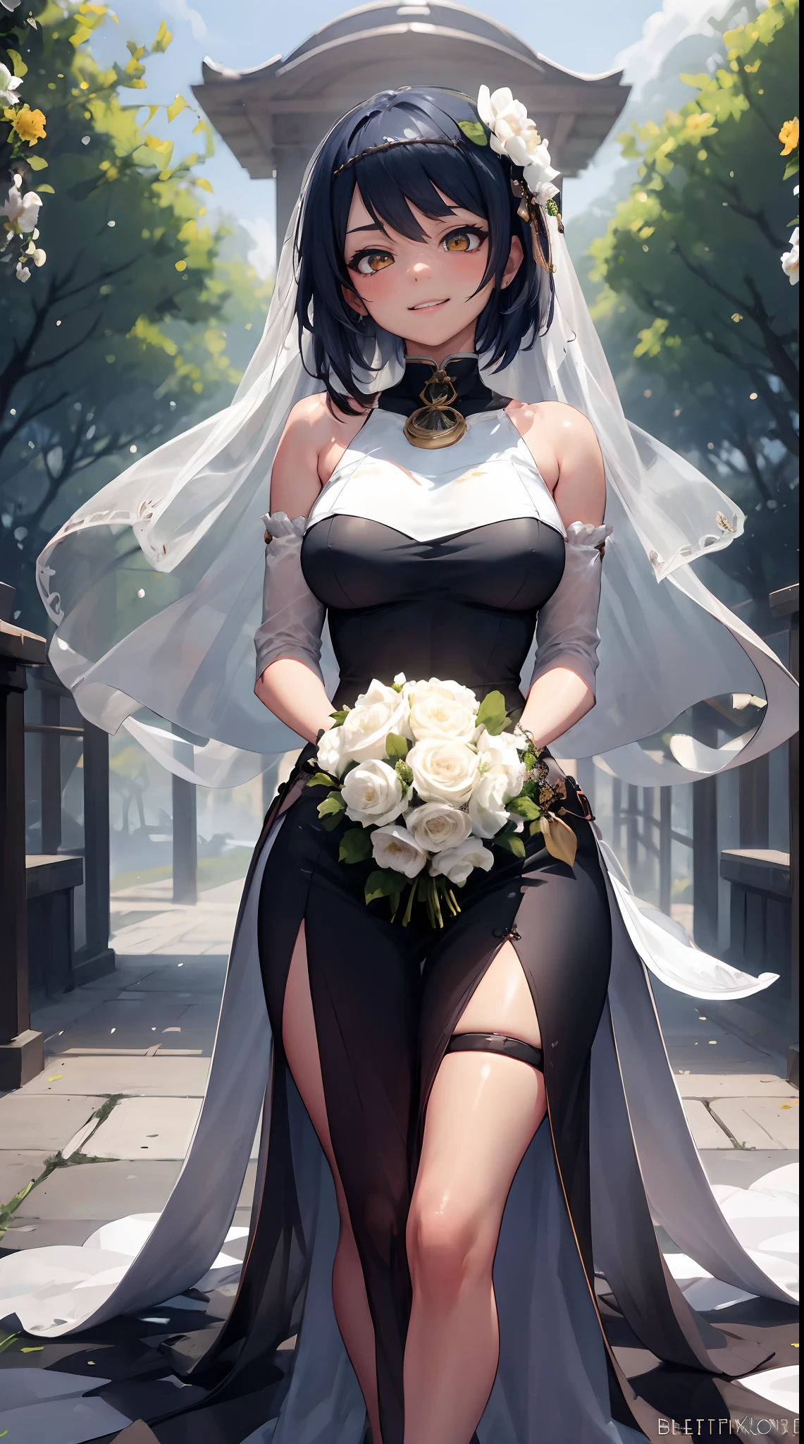 Kujou Sara | genshin impact, master-piece, bestquality, 1girls,25 years old, proportional body, proportional., Wedding Dresses, White Wedding Dress, Long skirt, wedding, ,bara, Standing in the middle of a flower garden, outdoor, wedding, The sky is beautiful, In a paradise of love and happiness............................................, The bride wears a Japanese dress and a seductive smile............................................, The passage of time stops at theirs............................................, On this wedding day of love and happiness............................................, Bright and beautiful flowers, Holding it in her hands symbolizes the envelopment of love............................................, Love and friendship through the transmission of flowers, In a paradise of love and happiness............................................, A bride in a yukata wearing a masika............................................, It is a form of beauty and elegance............................................, Show your spouse your heart..........................................., In a paradise of love and happiness............................................, Kochikugisa is the tree of new beginnings............................................, And their love and affection........................................., And suck a lot of love............................................, Flowers represent love and peace............................................, In a paradise of love and happiness............................................, View viewers from the front., Thigh strap, Head tilt, bored, 10, 10, HD, slight smile,
