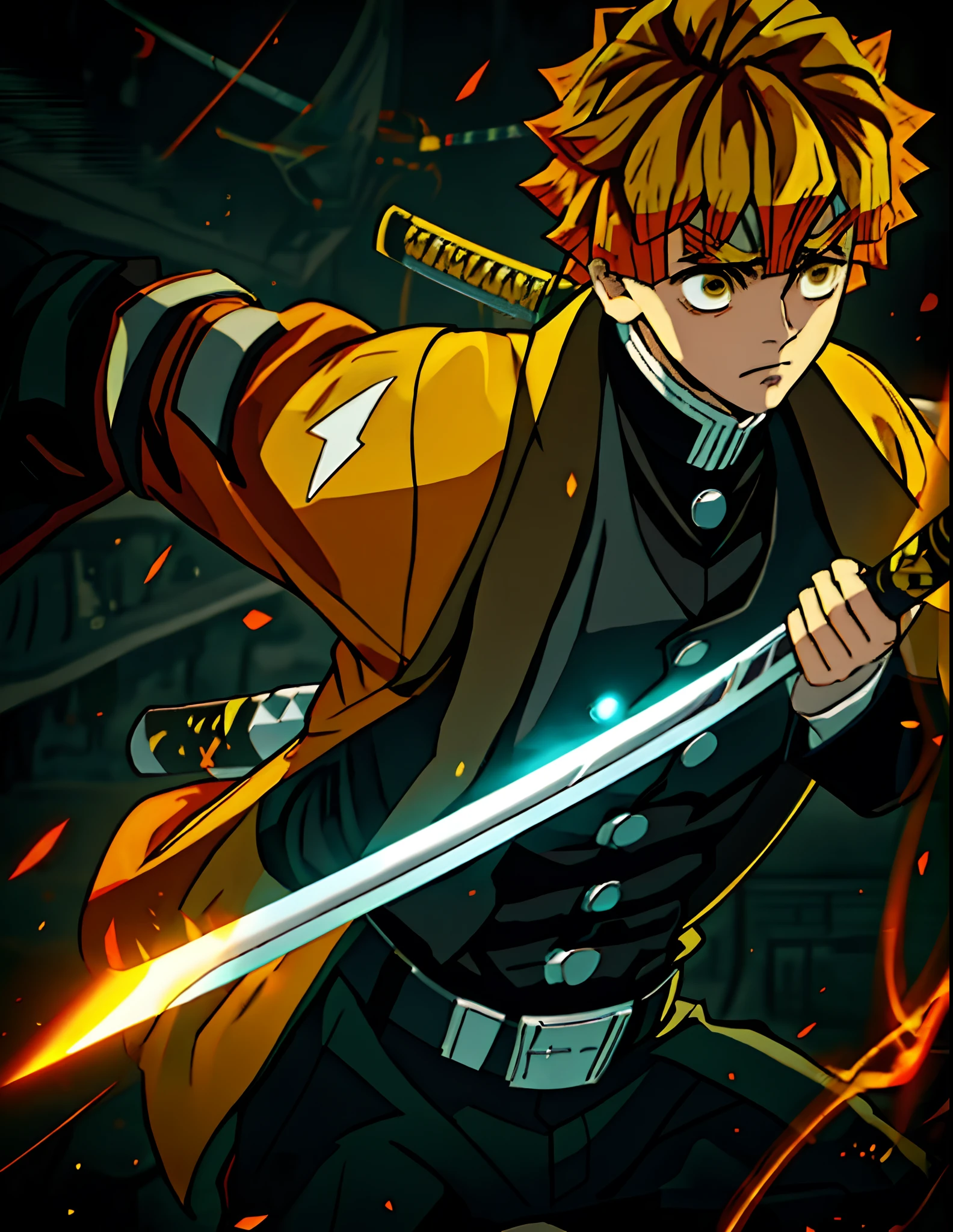 anime character with a yellow jacket and black pants holding a katana, demon slayer, key anime art, blazing infero, official art, handsome guy in demon slayer art, orange hair anime boy, high quality, Zenitsu Agatsuma, a character from the world of Demon Slayer, poised to unsheathe his katana, his eyes locked on an unseen adversary, his body leaning slightly forward, dressed in a striking electric yellow robe, the air around him crackling with electricity, a sense of tension in the environment, Realistic Illustration, with intricate attention to lighting and texture,